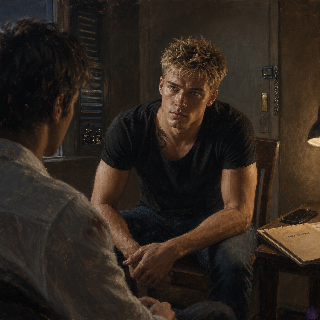 A tense nighttime safe-room interior above a shuttered clinic, with Blake Rhodes sitting pale and shaken in a chair, blonde messy hair, bandaged side, designer clothes rumpled and damp from rain, while Elias sits opposite him with hard protective intensity. The room is small, clean, dimly lit by a single warm lamp, with a locked door, visible chain lock, and a guarded calm after a violent hallway confrontation. Elias looks angry and exhausted, mid-confession, while Blake appears stunned and vulnerable, still catching his breath. On a side table sits a phone and a folder of documents tied to a shell company, creating a thriller-romance atmosphere with emotional tension, safety, and unresolved danger.