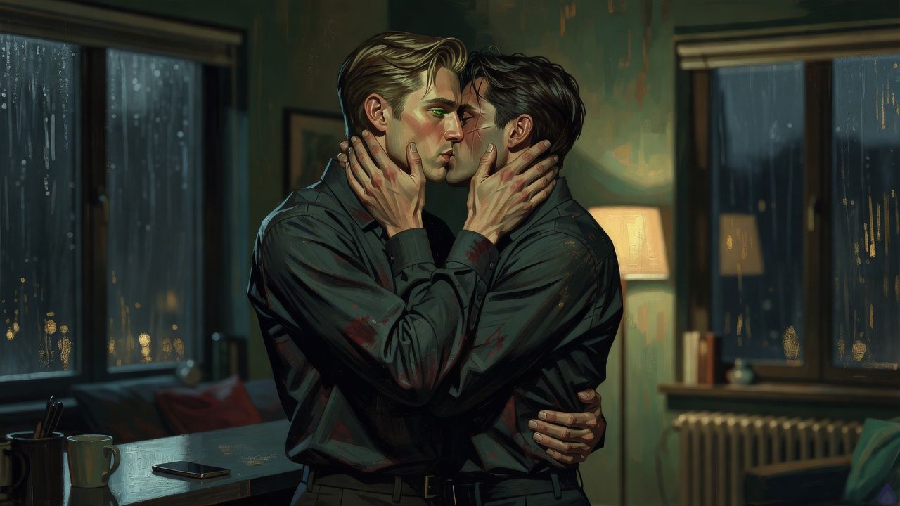 Romantic intimate scene in a rain-lit modern apartment at night: Blake Rhodes, a young adult blond man with messy short spiky hair, blue-grey eyes, fair skin, athletic build, and a small dragon tattoo on his collarbone, stands close to Elias, a guarded dark-haired man in a casual shirt. Blake looks vulnerable and earnest, confessing feelings; Elias faces him with intense tenderness. Soft warm lamplight contrasts with cool rain on the windows, cozy lived-in room with a counter, phone, and mug in background. Body language is emotionally charged, close but not explicit, with Elias stepping toward Blake and Blake leaning in. Atmosphere is intimate, hopeful, and heavy with trust.