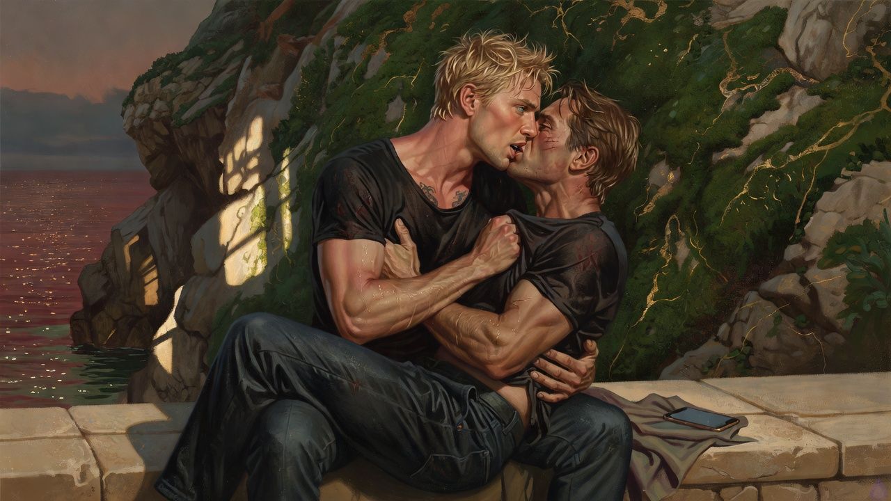 Romantic beach scene at golden hour on a secluded shoreline beneath pale limestone cliffs. Blake Rhodes, a young adult blond man with short messy spiky hair, blue-grey eyes, fair skin, and an athletic build, is straddling Elias on a sun-warmed stone near the waterline, kissing him deeply and passionately. Elias is an older man with an injured cheek, seated on the stone with hands firmly at Blake’s waist, holding him close. Blake’s wet clothes cling slightly from the sea swim, hair damp and tousled, both men salt-sprayed and windblown. A muted phone with a lit screen rests nearby on a towel, partially visible, while the ocean glitters below and the sky shifts toward dusk. The mood is intimate, tense, emotionally charged, and tender, with no explicit nudity, no visible genitals, and no sexual content beyond a passionate on-screen kiss and close embrace.