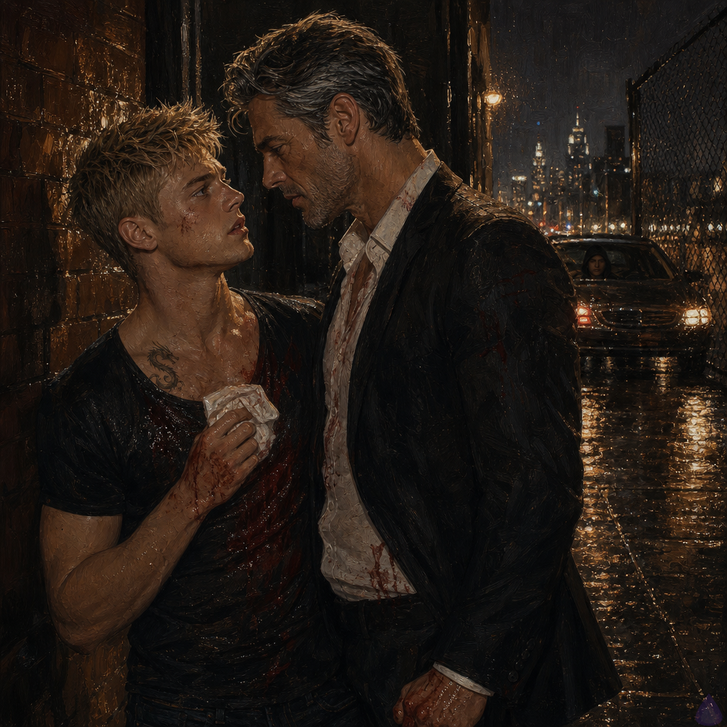 A tense nighttime urban alley scene after violence, with Blake Rhodes, a young adult blond man with messy short spiky hair, blue-grey eyes, fair skin, athletic build, and a bloodied shirt, standing unsteadily beside Elias, an older steady driver with silver-threaded hair and a guarded expression. Blake looks shaken and vulnerable, clutching a clean handkerchief, while Elias stands protectively close with a furious but controlled posture. Wet pavement reflects sodium streetlights, brick walls and chain-link fence frame the alley, and a black sedan is stopped at the curb in the background with its tinted window lowering slightly. Moody cinematic lighting, rain-slick reflections, high tension, emotional intimacy, realism, no explicit nudity.