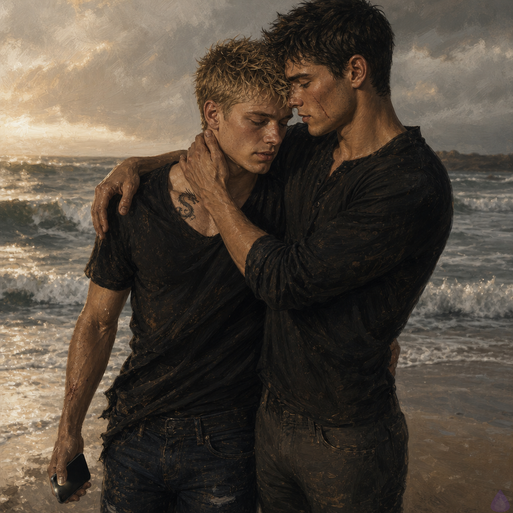 Romantic tense beach scene at dawn, Blake Rhodes and Elias standing at the edge of a windy coast, salt spray in the air, pale sand and rolling silver waves behind them. Blake is a young adult with short messy blond hair, blue-grey eyes, fair skin, athletic build, wearing a worn shirt and jeans, turning off his phone with one hand while leaning into Elias. Elias is a dark-haired man with a scarred cheek, protective posture, one arm around Blake's shoulders. Their body language is intimate and grounded, quiet emotional relief mixed with tension. Soft cold sunrise light, cinematic realism, ocean breeze moving their clothes, melancholy yet hopeful mood, no nudity, no explicit sexual content.