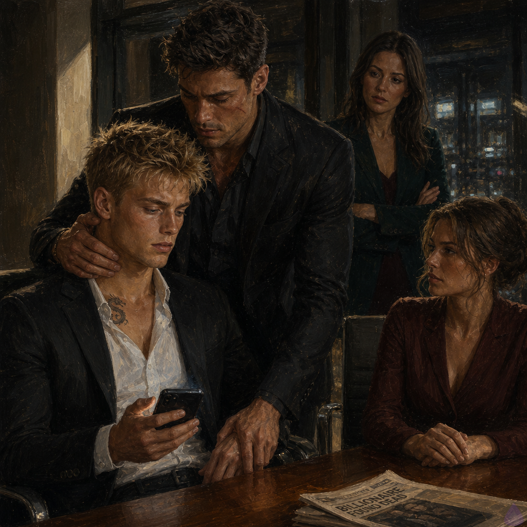A tense modern office at night in a rainy city, with Blake Rhodes seated at a conference table in a black suit, blonde messy hair, blue-grey eyes, fair skin, looking shaken but regaining control while Elias stands close behind and beside him, one hand steadying Blake's wrist and the other near the back of his neck. A folded tabloid lies on the table, along with a glowing smartphone showing an ominous unread message. Verity and Celeste stand in the background, alert and serious. Soft overhead office lighting, reflections on glass walls, rainy city lights outside the windows, intimate protective body language, emotional tension, cinematic realism, no nudity, no explicit sexual content.