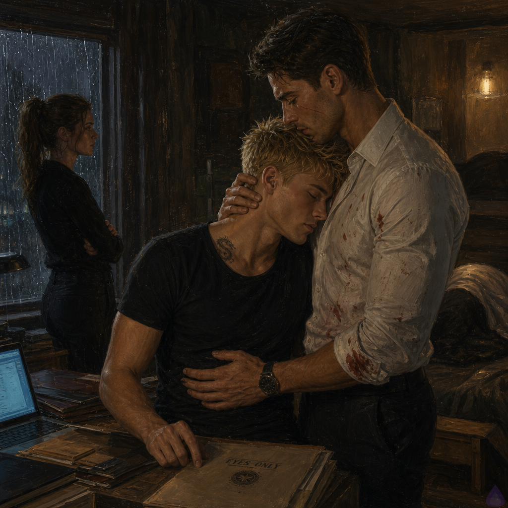 A tense intimate investigative scene inside a modest river service house at night, rain streaking the window, cold blue light from an open laptop and scattered archive folders illuminating the room. Blake Rhodes, a young adult blonde man with messy spiky hair, blue-grey eyes, fair athletic build, and a small dragon tattoo near his collarbone, leans into Elias for support, forehead resting against Elias’s shoulder, visibly emotional and exhausted. Elias, a dark-haired scarred-cheek former military man, holds Blake protectively with one hand at the back of his neck and the other at his waist, steady and calm. Verity stands nearby in composed silence beside a table full of hard drives and folders, with a covered body shape in shadow in the background suggesting prior violence. Mood is wounded, intimate, tense, and hopeful, with realistic body language, no nudity, no explicit sex, cinematic lighting, high emotional detail.