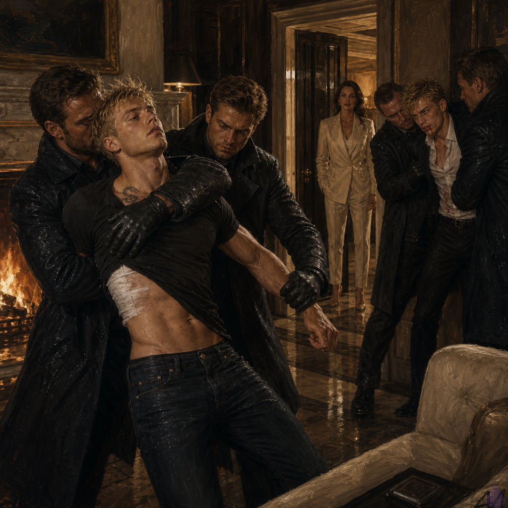A tense hostage scene inside an ultra-luxurious townhouse hideout at night, with polished marble floors, ivory furniture, a high ceiling, and a lit fireplace. Blake Rhodes, a blond young adult with messy short spiky hair, blue-grey eyes, fair skin, athletic build, and a visible bandaged side, looks battered and exhausted but defiant, held under guard after being captured. Elias, older with a tense expression and an injured cheek, is restrained across the room but still protective and focused on Blake. A poised woman in a cream suit stands in the doorway with cold recognition, surrounded by armed mercenaries in dark coats. Mood is claustrophobic, dangerous, and emotionally charged, with dramatic low warm lighting against dark shadows, wet rain suggesting the capture has just happened, and strong body language showing fear, restraint, and unresolved tension.
