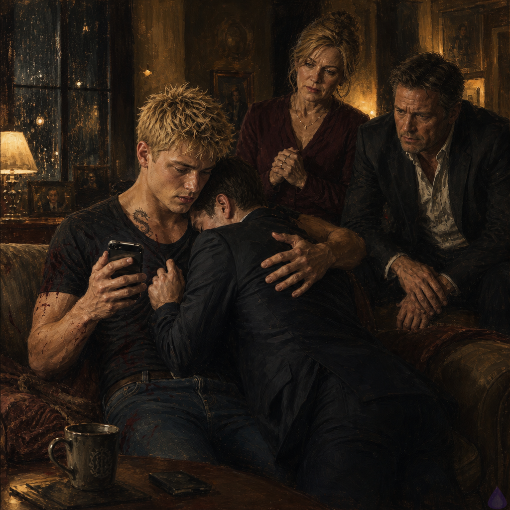 Interior of Elias's parents' warm living room at night, softly lit with amber lamps and rain dimming the windows. Blake Rhodes, a young adult blonde man with messy short spiky hair, blue-grey eyes, fair skin, athletic build, and a black suit, is tucked closely against Elias on a sofa, leaning into his shoulder for comfort. Elias, a dark-haired man with a scarred cheek in a dark suit, has one arm around Blake's back and looks down at a buzzing phone with sudden stillness. Elias's mother stands nearby with a protective, composed expression, and Elias's father sits in an armchair, attentive and wary but no longer hostile. A tea mug, blanket, and folded phone sit on the coffee table. The mood is intimate, tense, and protective, with a sense of a name being revealed and a hidden threat tightening around the room.