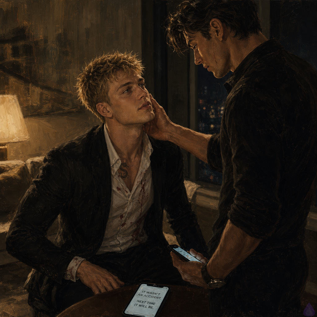 Blake Rhodes and Elias in a dim apartment after dark, tense intimate atmosphere, Blake seated and looking vulnerable but composed, blonde messy hair, fair athletic build, blue-grey eyes, designer clothes slightly rumpled, Elias standing close with a guarded protective expression, dark hair and scarred cheek, phone glowing in his hand, a second phone screen lighting the room with an ominous message, cozy but tense interior, soft lamplight mixed with cold blue screen glow, emotional realism, subtle body language showing trust and worry, no explicit nudity