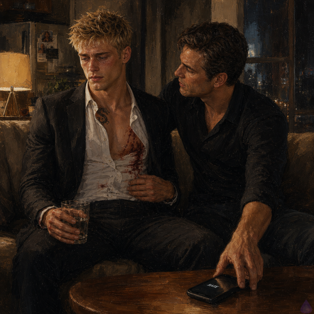 Cinematic urban apartment interior at night, dim warm lamplight, rain-dark windows, a tired but clean second-floor living room above a tailor shop. Blake Rhodes sits on a couch, blond messy hair, fair skin, blue-grey eyes, bloodied shirt, exhausted and shaken, holding a glass of water with trembling hands, tears in his eyes and shame on his face. Elias sits close beside him, older driver with steady hands and a protective posture, wearing dark practical clothes, expression serious and concerned. A smartphone on the coffee table glows with an incoming call labeled KATE, creating a tense focal point. Mood is intimate, heavy, emotionally raw, with protective tension and quiet comfort. No nudity, no explicit content, just vulnerability, trauma aftermath, and romantic tension in a safe apartment.