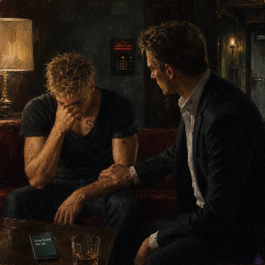 Cinematic realistic interior of a fortified safe house inner room at night, soft amber lamp light and deep shadows, Blake Rhodes sitting on a couch in borrowed clothes with bandaged side, blonde messy hair and exhausted tear-bright eyes, leaning slightly toward Elias. Elias is standing beside him with a phone in hand, tense protective posture, older driver with steady hands and focused expression. The room has security panels, a locked heavy door, muted modern furnishings, and an atmosphere of suspense and fragile intimacy. Blake looks emotionally drained and vulnerable, while Elias looks ready to defend him. No nudity, no explicit sexual content.