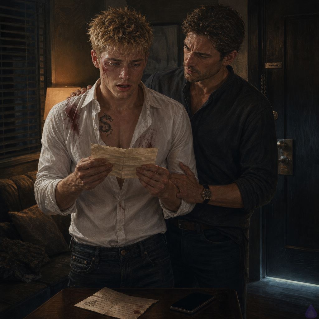 Cinematic tense apartment interior at night, Blake Rhodes standing close to Elias in a dim living room, Blake holding and opening a folded letter with trembling hands, eyes shocked and wet with tears, blonde messy hair and bruised wounded side visible under a borrowed shirt, Elias older and steady beside him, protective posture, one hand at Blake’s back, coffee table with another folded page and a phone, blinds shut, soft warm lamp light mixed with cold hallway light leaking under the door, strong suspense, emotional intimacy, no nudity, no explicit content, realistic modern apartment, dramatic shadows, high detail