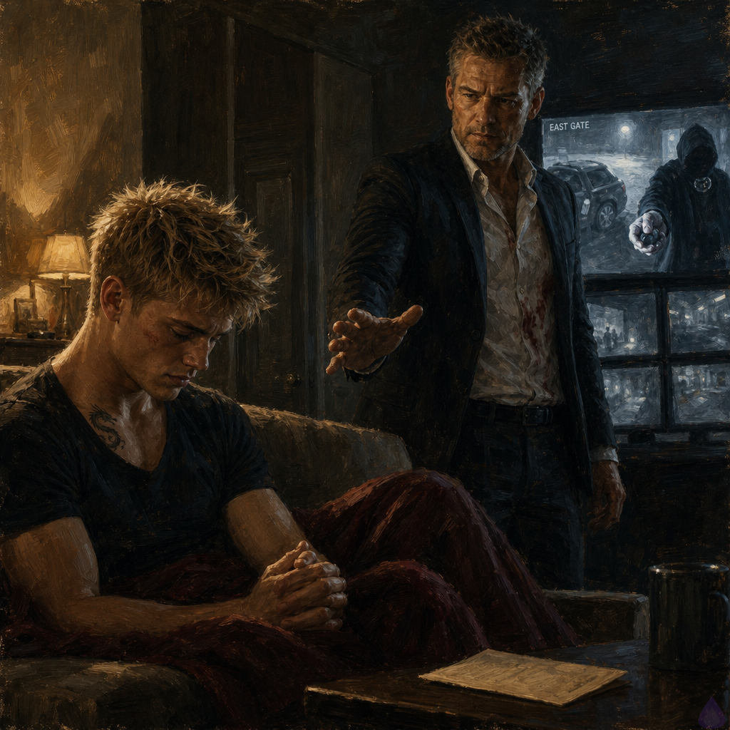 A tense safe house inner room at night, softly lit by amber lamps and the glow of security monitors. Blake Rhodes, a young adult blonde with messy spiky hair, fair skin, and a bandaged side, sits on a couch wrapped in a blanket, looking exhausted and vulnerable. Elias, an older driver with tense focus, stands protectively beside him, one hand near Blake’s shoulder, his expression hard and alert. On the wall monitors, grainy security footage shows a car at the east gate and a hooded man partially visible under cold outdoor lighting. The room feels secure but under threat, with a folded letter on the coffee table and a sense of looming danger. Mood: intimate, anxious, protective, cinematic realism, high tension, no nudity.