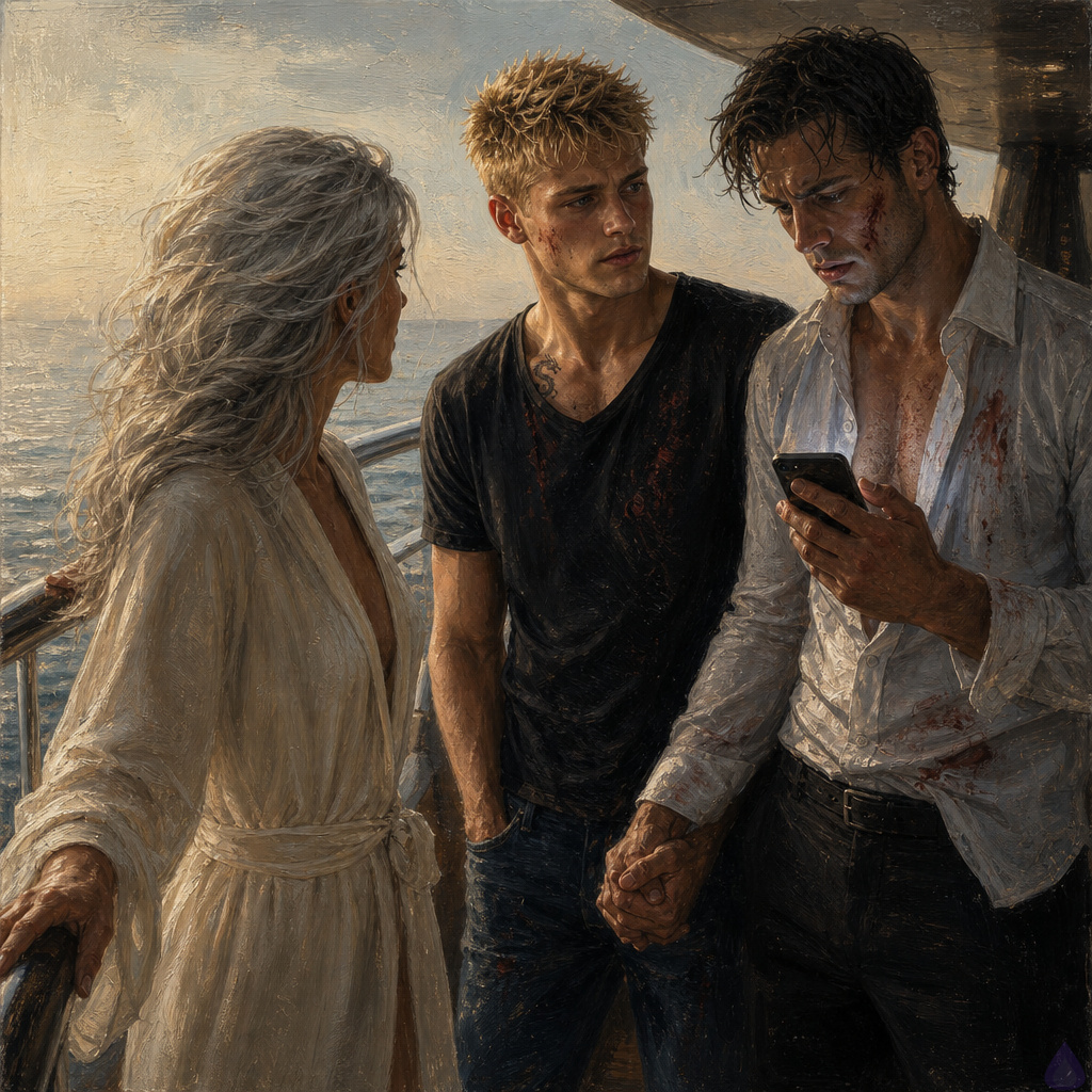 Mature romantic morning scene on the deck of a luxury yacht at sea, soft pale sunrise light over calm silver-blue water, Blake Rhodes with short messy blonde hair and blue-grey eyes in rumpled casual clothes after a sleepless intimate night, standing close beside Elias, older man with an injured cheek and wet dark hair, both visibly tired and emotionally raw. Celeste Rhodes with silver hair and a cream robe stands near the railing, composed but grave, as if delivering shocking news. Elias holds Blake’s hand protectively, his face draining of color while reading a phone message. Mood is tense, intimate, and sorrowful, with the ocean bright behind them, wind moving hair and fabric, luxurious yacht details, quiet aftermath of romance and a looming threat.