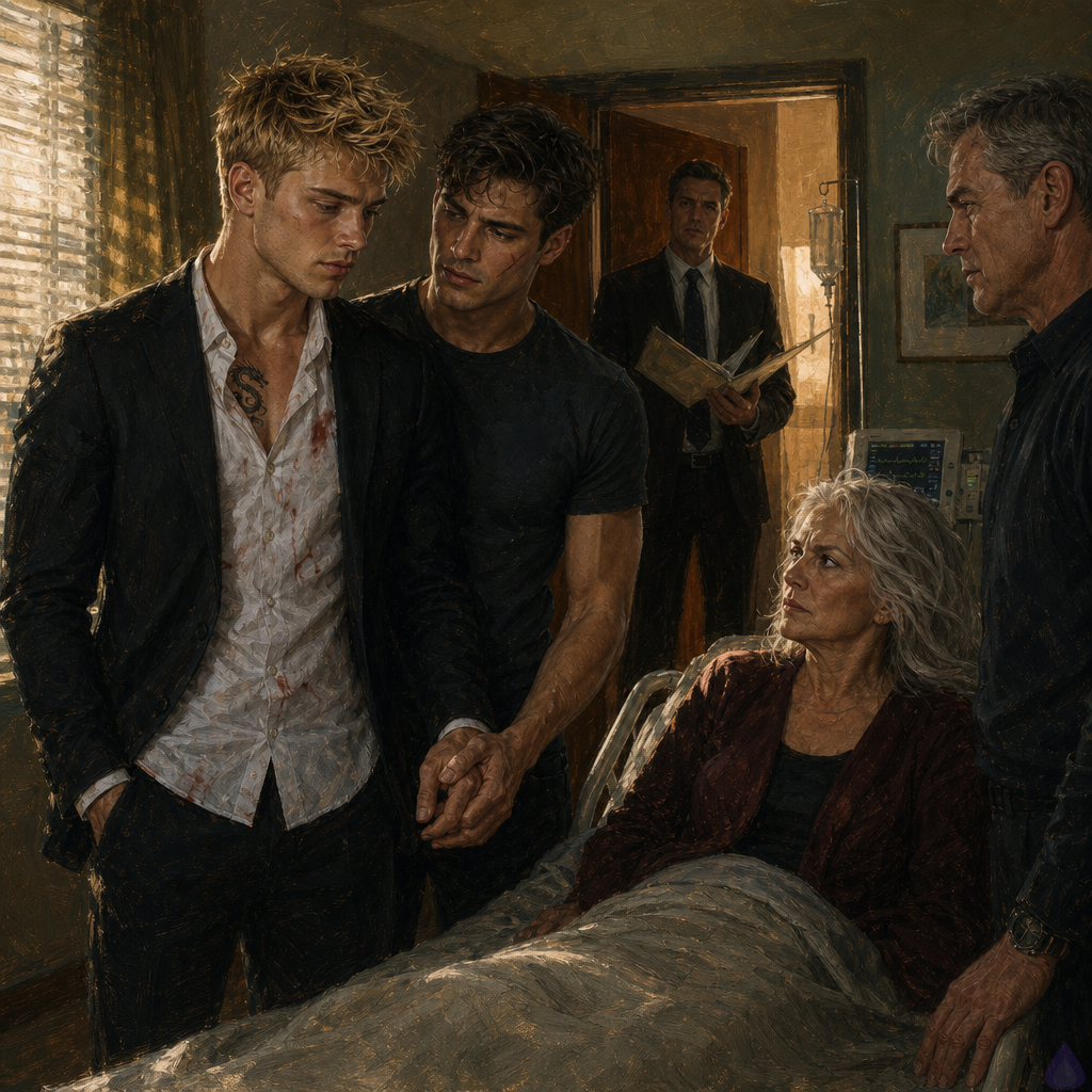 A tense hospital room lit by soft afternoon light, with Blake Rhodes standing near the bed in a sharp but exhausted posture, blonde messy hair and fair athletic build, wearing a dark fitted jacket over a dress shirt. Elias stands close beside him, protective and controlled, dark hair and scarred cheek visible, holding Blake's hand. Elias's mother sits upright in the hospital bed, silver hair, furious but starting to scrutinize Blake with reluctant recognition. Elias's father stands beside the bed with a stern injured expression. A lawyer in a dark suit stands at the doorway holding a folder of trust documents. The mood is tense, elegant, and emotionally charged, with family conflict and strained intimacy in the room, cinematic natural light, realistic modern hospital setting, dramatic but grounded romance atmosphere.