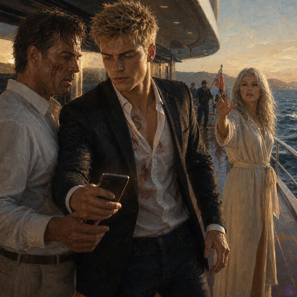 A luxury yacht deck at sunrise over a bright blue sea, Blake Rhodes standing in the foreground with wet blonde messy hair, fair skin, athletic build, rumpled elegant clothes, holding a lit smartphone with a focused commanding expression. Elias stands close beside him, older with wet dark hair and an injured cheek, tense but attentive, wearing a light shirt and trousers. Celeste Rhodes is nearby in a cream robe, silver hair loose, poised and authoritative near the yacht rail. Mood is tense, strategic, intimate but not romantic in this moment, with salt air, pale morning light, polished deck surfaces, and the sense of a decisive new move after danger. Cinematic realism, sharp details, warm sunrise highlights on faces, ocean horizon in background.