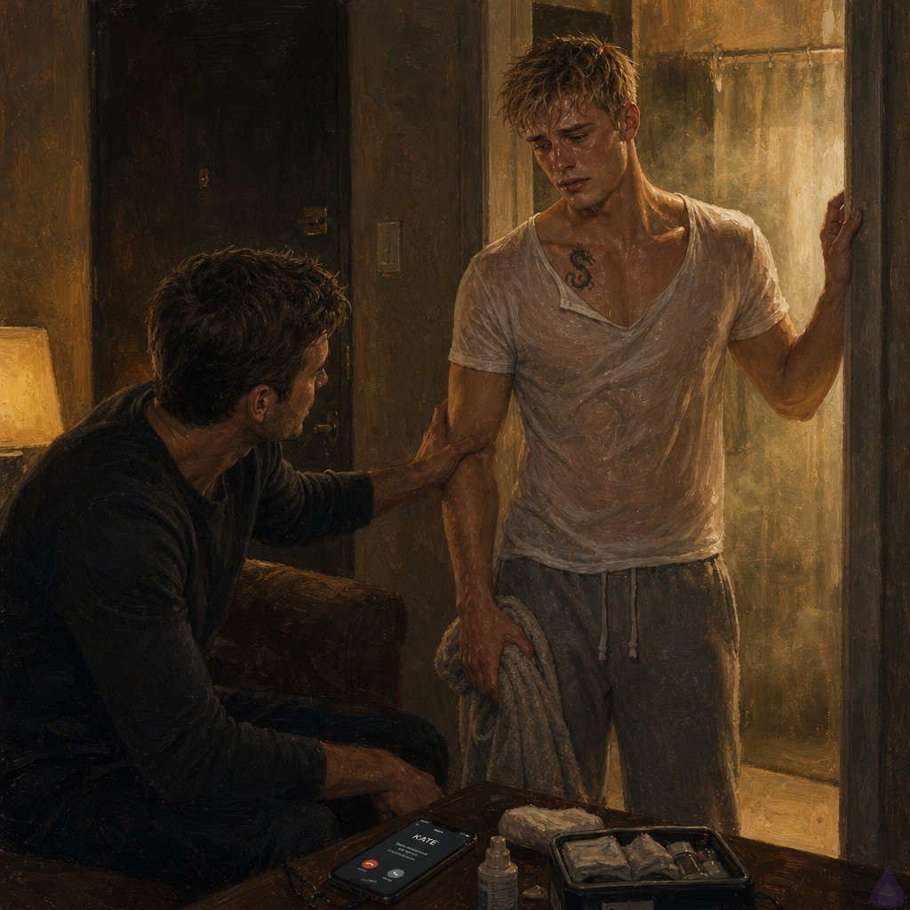 A tense, emotional apartment bathroom and living room scene at night, with Blake Rhodes standing just outside a small steamy bathroom after a shower, wet blonde messy hair, fair skin, blue-grey eyes, athletic build, a small dragon tattoo visible at his collarbone, wearing clean borrowed sweatpants and a loose shirt. He looks shaken and exhausted, wrapped in grief and vulnerability. Nearby in the living room, Elias, an older steady man with a protective posture, sits beside an open first-aid kit on a coffee table, reaching carefully to help Blake with wounds. A phone on the table glows with the caller name KATE, creating a sharp emotional focal point. The apartment is modest, warm, and safe, with a locked door, soft yellow lamp light, steam drifting from the bathroom, and intimate but non-explicit tension between them. Mood is protective, fragile, and emotionally charged, with realistic urban detail and cinematic lighting.