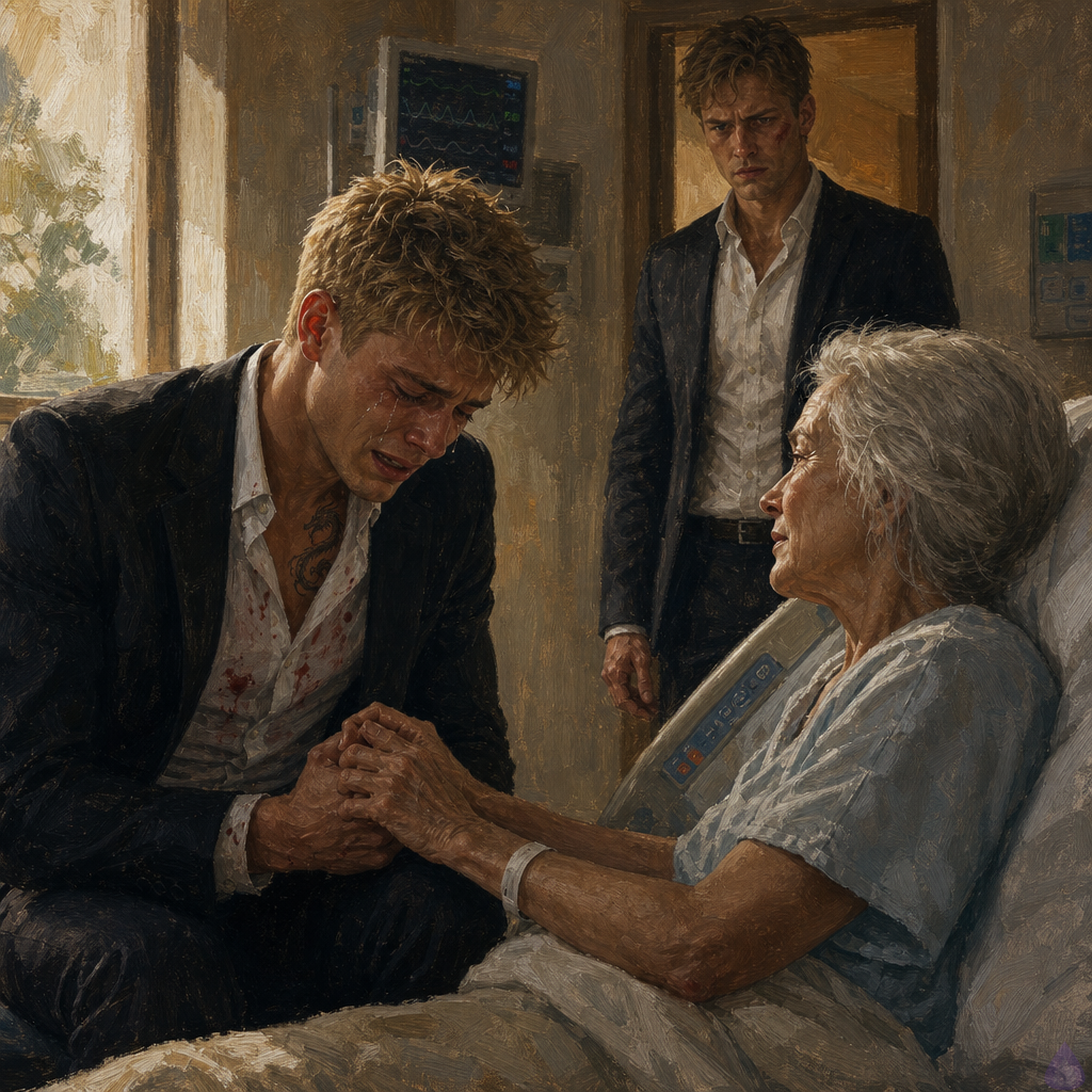 A tense private hospital room in soft daylight, Blake Rhodes sitting beside Celeste Rhodes on a chair by the bed, shoulders shaking as he confesses through tears, hands clenched hard in his lap, emotionally devastated but relieved. Celeste, frail with silver hair, reaches to gently hold and open Blake’s hand in comfort. Elias stands near the doorway, tall, tense, protective, watching Blake with raw concern. The room has pale walls, a sunlit window, medical equipment, and a quiet, intimate atmosphere. Emotional, cinematic realism, mature dramatic tone, no nudity.