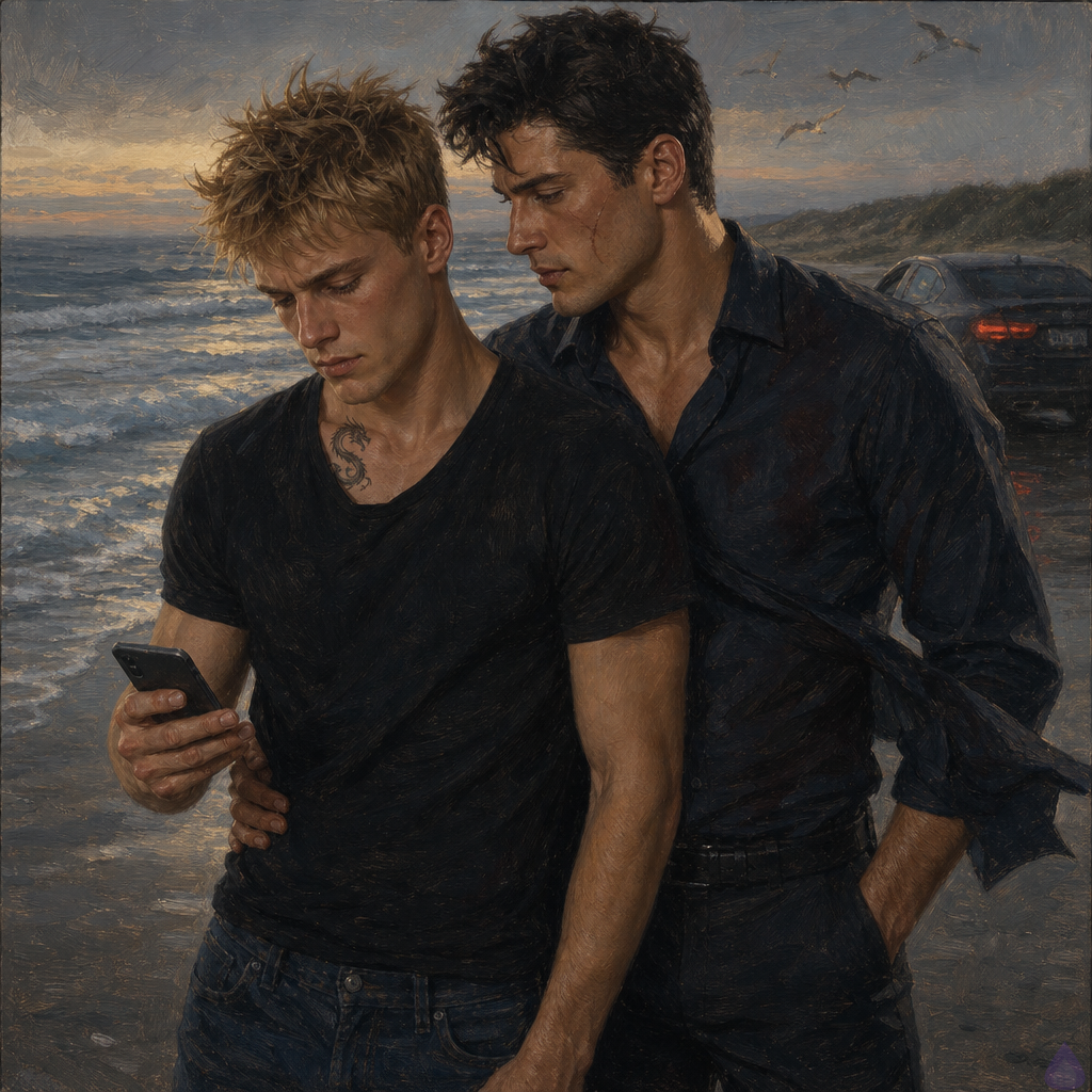A cinematic early-morning beach scene with Blake Rhodes and Elias standing at the edge of the surf after arriving by car. Blake is a young adult with short messy blond hair, blue-grey eyes, fair skin, an athletic build, and a worn casual shirt with jeans, looking thoughtful and slightly tense but softened by the sea air. Elias is beside him, dark-haired with a scarred cheek, tall and protective, dressed casually for travel, watching Blake with quiet warmth. The ocean is silver-blue under dawn light, wind moving their clothes and hair, pale dunes and a nearly empty shoreline behind them. The mood is intimate, restorative, and suspenseful, with Blake’s phone glowing in his hand as an incoming message threatens the peace. Emphasize body language, closeness, salt wind, natural light, and emotional tension without explicit nudity.