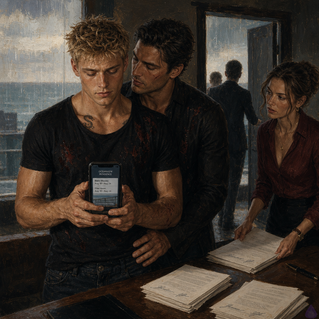 A tense daylight room in a river-road service house, rain still visible through the window, with Blake Rhodes standing at the head of a table covered in signed legal packets and an open laptop. Blake is a young adult man with messy short blonde hair, blue-grey eyes, fair skin, and an athletic build, wearing an oversized soft shirt over dress clothes. Elias stands close at Blake’s shoulder, dark-haired with a scarred cheek, protective and quietly intimate, one hand resting at Blake’s back. Verity is nearby with organized documents. The mood is charged but briefly softened by Blake booking a beach vacation on his phone, the screen glowing in his hand. Daylight, realistic interior, emotional tension, control, exhaustion, and a fragile hint of hope.