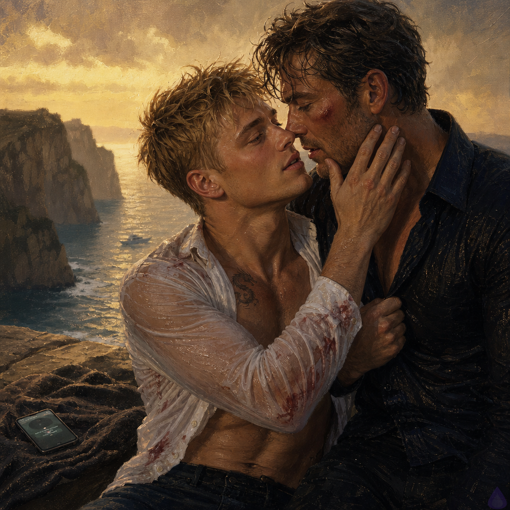 Mature romantic scene on a secluded beach below pale cliffs at sunset, Blake Rhodes and Elias seated on a flat stone ledge above the surf, damp from swimming, clothes clinging from seawater, hair wind-tossed and wet, bodies close and intimate after passionate kissing, tender exhausted expressions, Blake leaning into Elias with a dazed relieved smile while Elias touches his cheek gently, ocean glittering below, yacht visible far in the distance, warm gold-to-blue evening light, sensual but non-explicit, emotional intimacy, salt spray in the air, phone buzzing on a towel nearby, cinematic composition, soft shadows, high detail, romantic tension, mature atmosphere