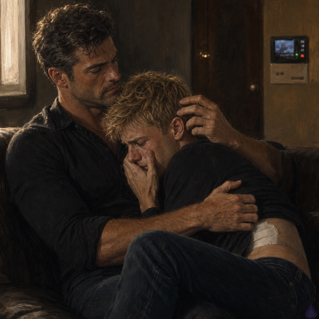 Blake Rhodes waking up on Elias inside a secure safe house inner room at night, Blake half-asleep and then startled, messy blonde hair tousled, bandage visible at his side under borrowed clothes, Elias seated on a couch holding him gently with one hand in Blake's hair, the mood intimate and tense, warm low amber lighting, reinforced door and security monitor in the background, clean modern safe room with thick carpet and minimal furniture, emotional contrast between comfort and shame, cinematic realism, close body language, protective atmosphere, no explicit nudity