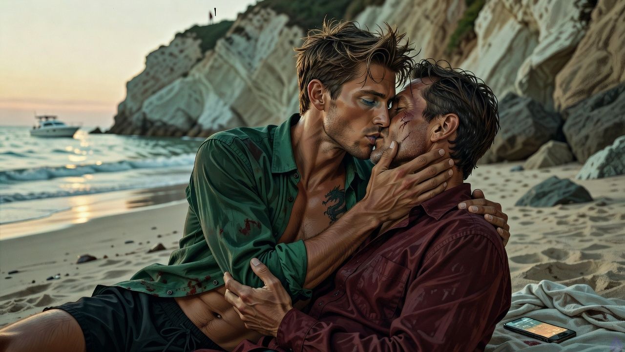 A romantic, tense seaside scene on a private beach beneath pale limestone cliffs in late afternoon sunlight. Blake Rhodes, a young adult blond man with short messy spiky hair, blue-grey eyes, fair skin, athletic build, and a small dragon tattoo on his collarbone, sits on a flat stone near the tide line, wet from swimming, wearing a damp open shirt and light swimwear beneath. Elias, an older man with an injured cheek, stands or sits close beside him, also wet from the ocean, dark clothing clinging from the swim, looking protective and intensely in love. They are kissing again with clear lip contact, hands touching jaw and shirt, bodies close, the mood charged with longing, safety, and sudden passion. In the background, a white yacht rests offshore and a faint figure or distant presence suggests looming interruption. Warm sun, glittering water, salt spray, soft wind, intimate body language, cinematic romance, realistic detail, no nudity.