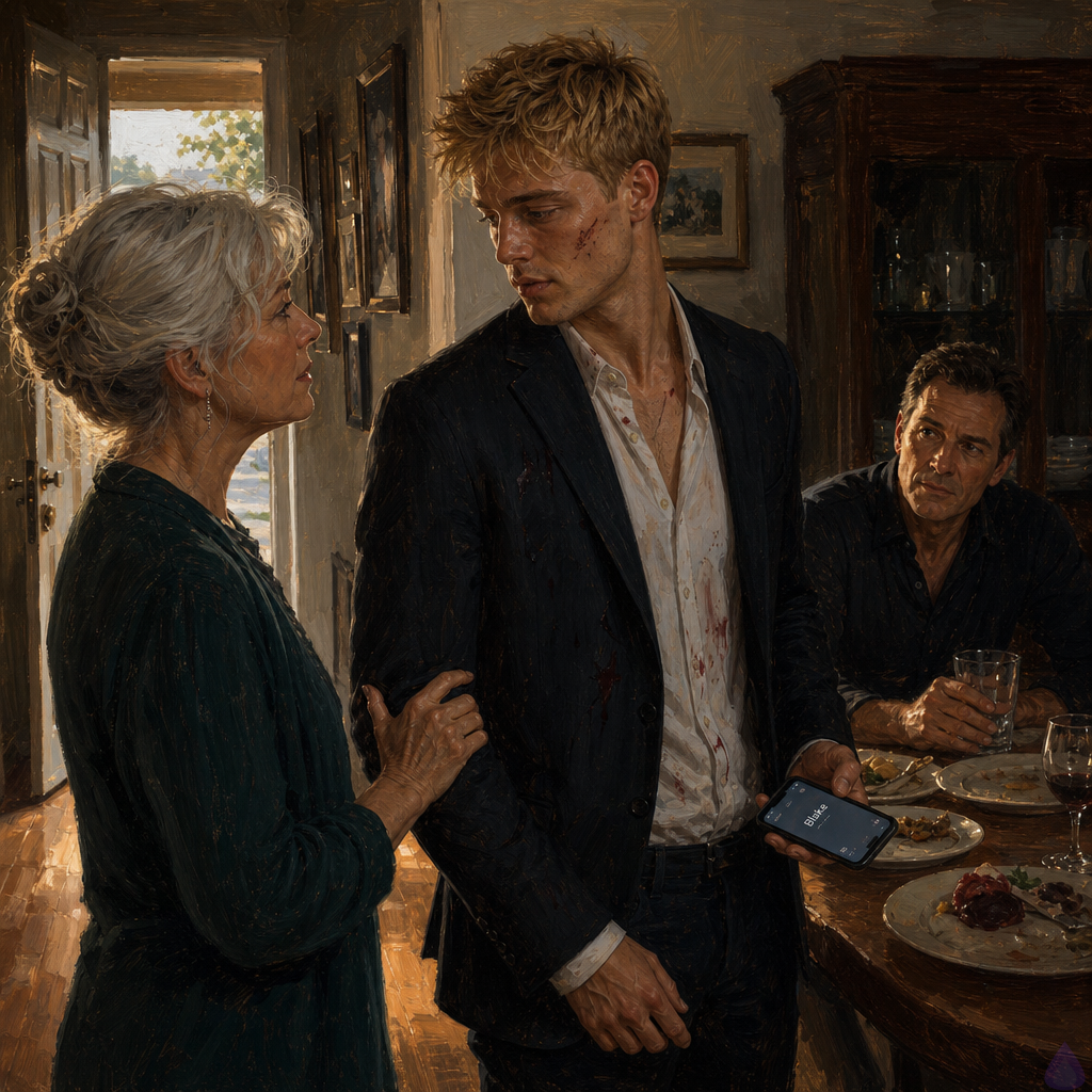 A tense but intimate family lunch in a modest, sunlit suburban dining room after a hospital recovery and one month passage of time. Blake Rhodes, a young adult blonde with short messy spiky hair, blue-grey eyes, fair athletic build, and subtle bruised history in his expression, stands near the front door beside Elias, an older dark-haired man with a scarred cheek and military stillness, both dressed neatly but casually. Elias’s mother, silver-haired and composed, watches them from the dining table with a guarded, reluctant expression, while Elias’s father sits nearby with a stern but softened look. The table holds roast chicken, lemons, rosemary, water glasses, and dessert plates. Warm afternoon light falls across wood floors and family photographs in the hall. The mood is fragile, domestic, and tense, with tenderness emerging through cautious body language: Elias’s hand brushing Blake’s, Blake standing close but upright, the parents assessing them with wary acceptance. Outside the open doorway, a quiet suburban gate and cool daylight suggest the scene ending on a troubling phone call about Verity.