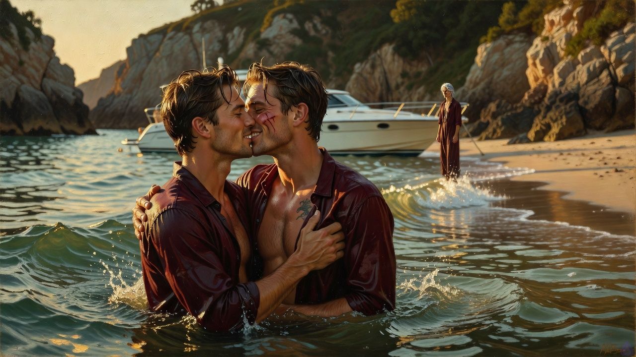 Blake Rhodes and Elias on a small secluded beach beside a white yacht at golden hour, swimming in clear blue water near a rocky cove, soaked hair and clothes, laughing while tangled together in the surf, then kissing directly on the lips. Blake is a young adult blonde man with short messy spiky hair, blue-grey eyes, fair skin, athletic build, wearing a wet light shirt and swimwear; Elias is an older man with an injured cheek, protective posture, wet dark clothing, one hand at Blake’s waist and the other on his shoulder. Warm sunlight, salt spray, intimate romantic mood, natural body language, soft waves, Celeste visible as a small figure near the yacht in the background. Cinematic, realistic, emotionally tender, no nudity.