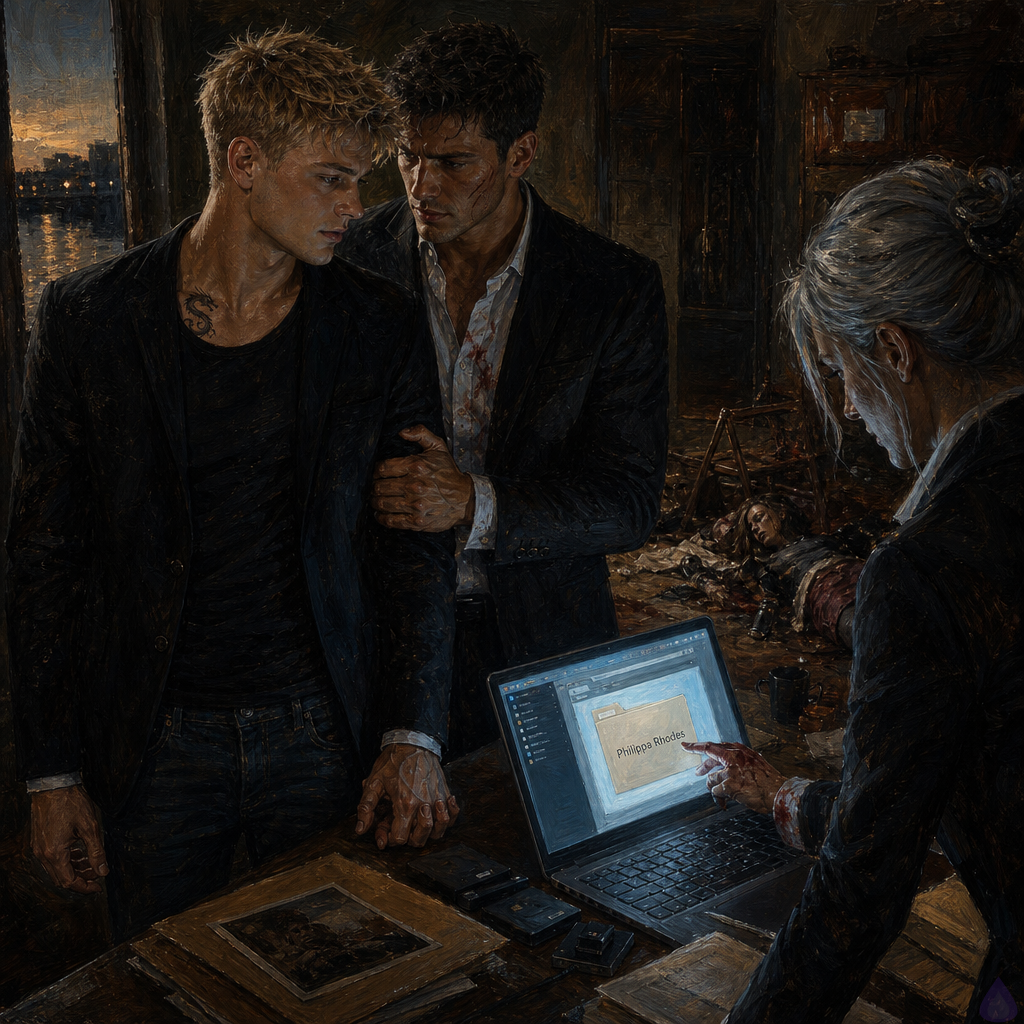A tense dim service house back room near a river road at dusk, with Blake Rhodes standing in the foreground in designer jeans and a dark jacket, blonde messy hair, blue-grey eyes, visibly shocked but controlled, Elias beside him gripping his elbow protectively, dark-haired and scarred cheek, tense posture. Verity Vale stands at a cluttered table with silver hair pinned back, composed but blood on one cuff and hand, a laptop and folders glowing on the table. In the background on the floor lies the body of Mara, partially obscured by a toppled chair, clearly dead but not graphic. Mood is suspenseful, intimate, and revealing, with cold blue laptop light, muted brown shadows, and a heavy atmosphere of betrayal and uneasy trust. The scene should emphasize the moment of discovery, the emotional shock, and the fragile alliance, with Blake and Elias connected by touch while Verity reveals the archive.