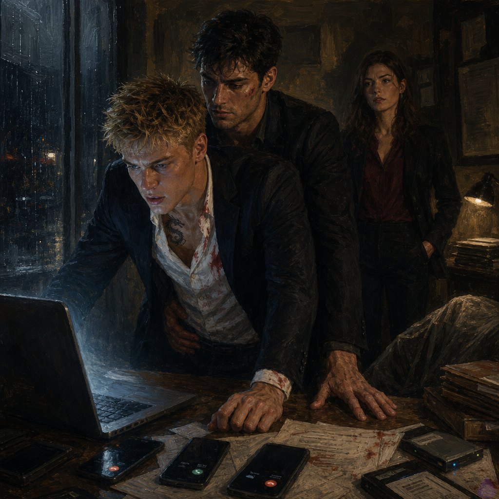 A tense night scene inside a dim river-road service house office, with Blake Rhodes standing at a cluttered table while multiple phones and a laptop glow with incoming calls after an archive upload. Blake is a young adult blonde man with short messy spiky hair, blue-grey eyes, fair athletic build, designer dark casual clothes, expression controlled but intense, one hand near the keyboard and the other tense at his side. Elias, dark-haired with a scarred cheek, stands protectively close behind him with one hand at Blake’s back, looking proud and wary. Verity Vale, silver-haired and composed, stands across the room near a table of folders and hard drives, watching the fallout. The atmosphere is stormy and electric, blue-white laptop light illuminating faces, rain streaking the window, scattered papers and legal documents visible, a covered body in the far background out of focus. Mood: high-stakes, intimate, dangerous, emotionally charged, triumphant but uneasy.