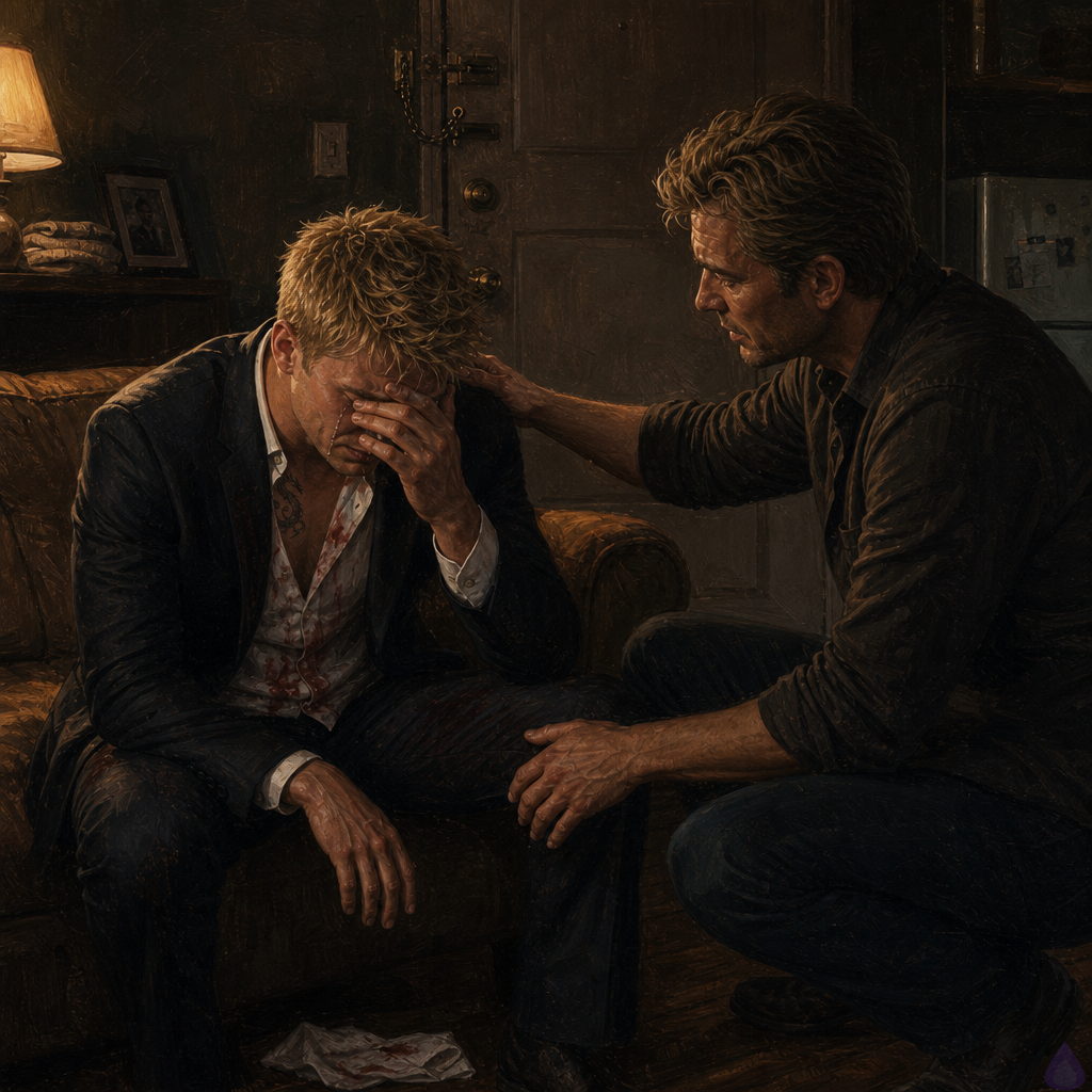 Interior of a modest second-floor apartment at night, warm dim lamplight after a tense escape from the street. Blake Rhodes, a blond young adult with messy short hair, blue-grey eyes, fair skin, athletic build, and a bloodied shirt, sits trembling on a worn couch while crying from shock and relief, one hand over his face. Elias, an older steady former driver with calm eyes, kneels in front of him protectively, one hand gently bracing Blake’s shoulder, the other near his knuckles, body language careful and compassionate. The apartment feels lived-in and safe, with a locked door, visible deadbolt and chain, a small refrigerator glow, a folded blanket, and simple furniture. Mood is intimate, exhausted, vulnerable, and tense, with the sense that danger may still be outside. Cinematic realism, soft shadows, emotional body language, urban street refuge, no nudity.