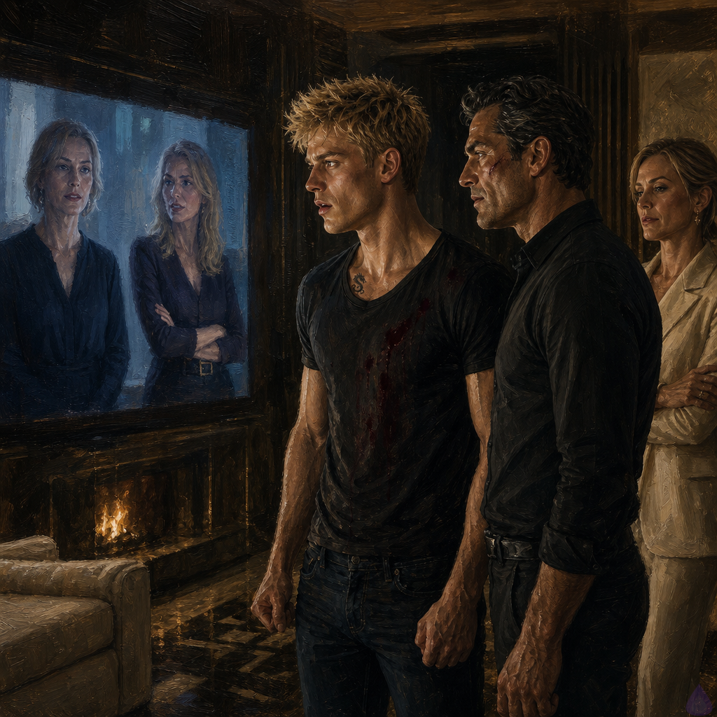 A tense luxury hideout sitting room at night, with a cream-suited older woman standing near a hidden wall screen, Elias tense and protective beside Blake Rhodes. On the glowing screen are recorded images of Philippa Rhodes and Kate Rhodes, both alive in the footage, speaking with cold serious expressions. Blake is fair-skinned, blond short messy spiky hair, blue-grey eyes, athletic build, wearing a dark casual shirt, visibly shocked and betrayed. Elias is older, tense, with an injured cheek, standing close as if shielding Blake. The room is elegant and dangerous, with ivory furniture, marble fireplace, polished stone floors, low dramatic lighting, and a sense of betrayal and hidden power. Mood is intense, emotional, and suspenseful.