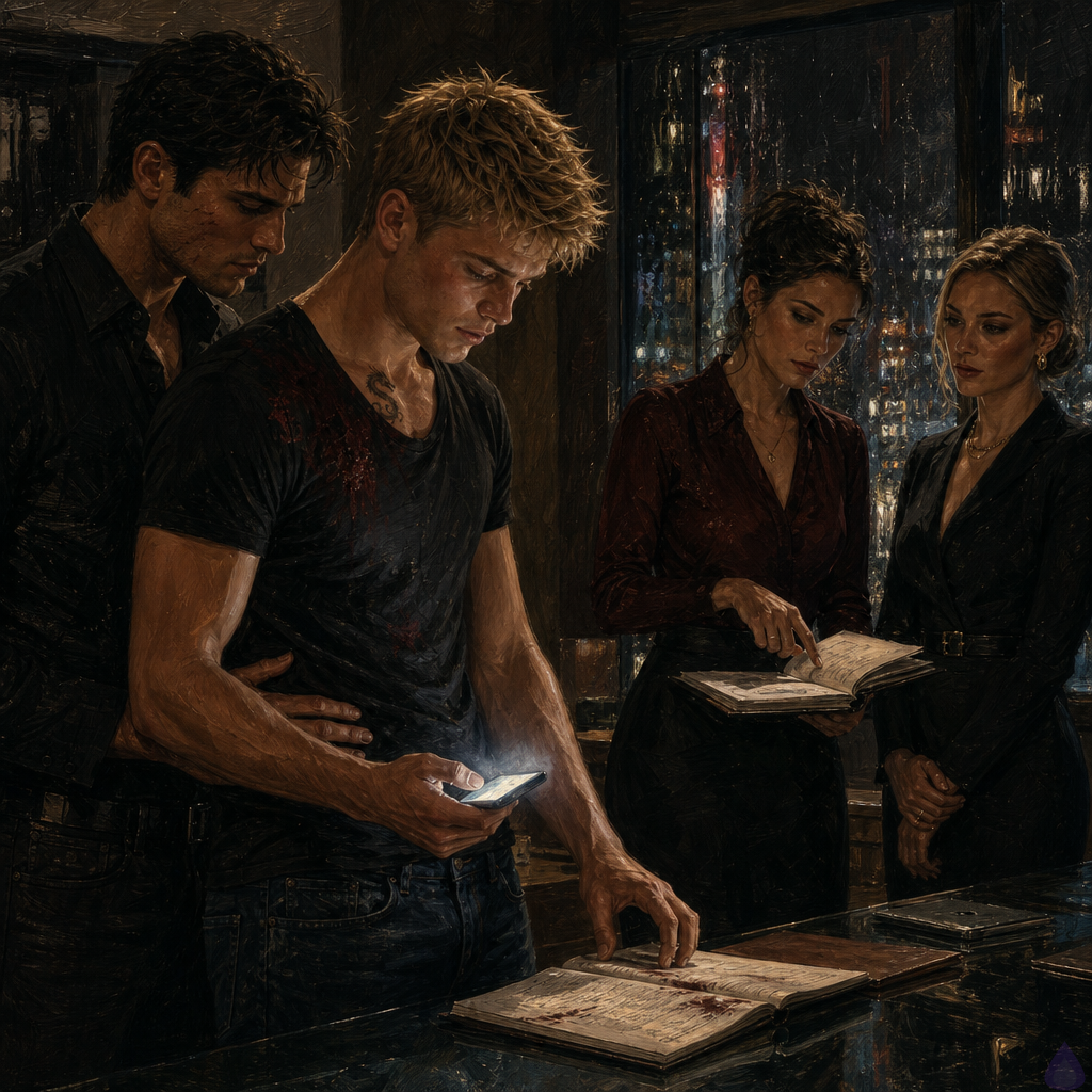 Cinematic nighttime office scene in a modern city high-rise conference room with rain-streaked windows and neon reflections. Blake Rhodes, a young adult blonde man with messy short spiky hair, blue-grey eyes, fair skin, and an athletic build, stands at a glass conference table in a worn shirt and designer jeans, tense but controlled. Elias, a dark-haired scarred man in a dark coat, stands close behind him with a protective hand near Blake's lower back. Verity, sharp and composed, holds a stack of folders near the table; Celeste, older and steady, stands beside her. A smartphone in Blake's hand glows with an ominous unknown notification. The mood is tense, intimate, and suspenseful, with cool blue city light, muted office lighting, and a sense of imminent betrayal.