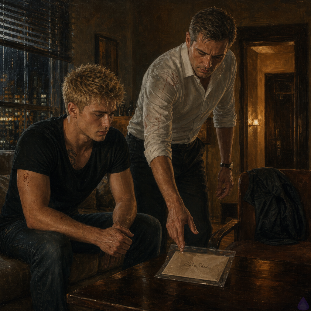 A tense, intimate apartment scene at night in dim warm lamplight with rain on the windows. Blake Rhodes, a young adult blonde man with short messy spiky hair, blue-grey eyes, fair skin, athletic build, a small dragon tattoo on his collarbone, and a bloodied shirt under a towel, sits shaken on a couch while Elias, an older driver with steady hands and a protective posture, stands close beside him and reaches toward a dark jacket on a chair. On the coffee table lies a folded letter in a plastic sleeve addressed to Blake Rhodes. The mood is suspenseful and emotional, with quiet intimacy, fear, and unresolved danger. Blinds are partly closed, the apartment feels safe but under threat, and the light catches the tension in both men’s faces. A hallway door in the background suggests an unseen presence outside.