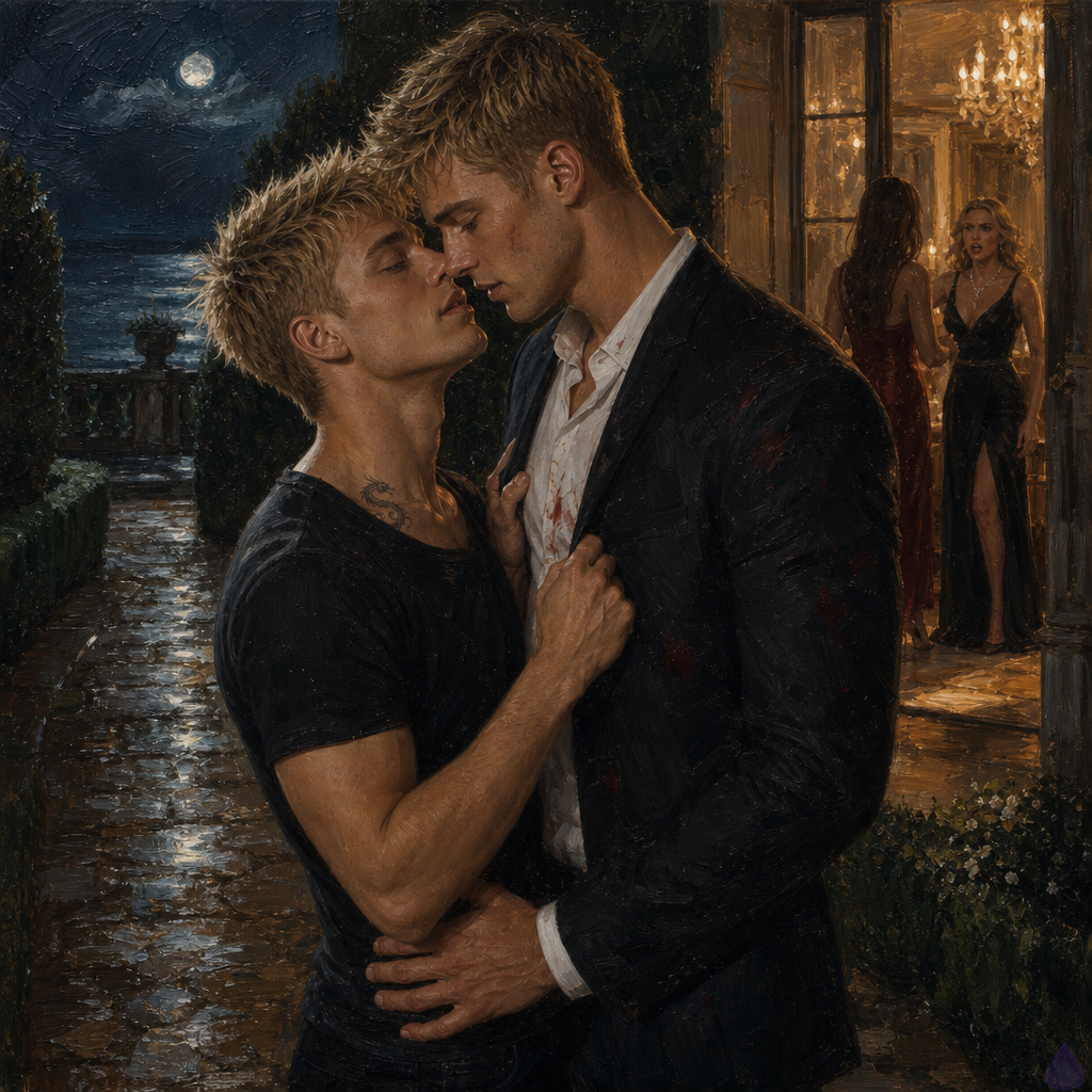 Blake Rhodes and Elias standing together in a dim private garden at night beside a luxury terrace party, wet stone path, trimmed hedges, faint ocean wall and sea mist beyond, Blake in elegant evening clothing looking emotional and tense, Elias in a dark suit with a protective stance and one hand at Blake’s waist, candlelit terrace glow behind them, cool moonlit garden foreground, mood intimate and unresolved, romantic tension, realistic style, cinematic lighting, subtle signs of a high-society party in the background
