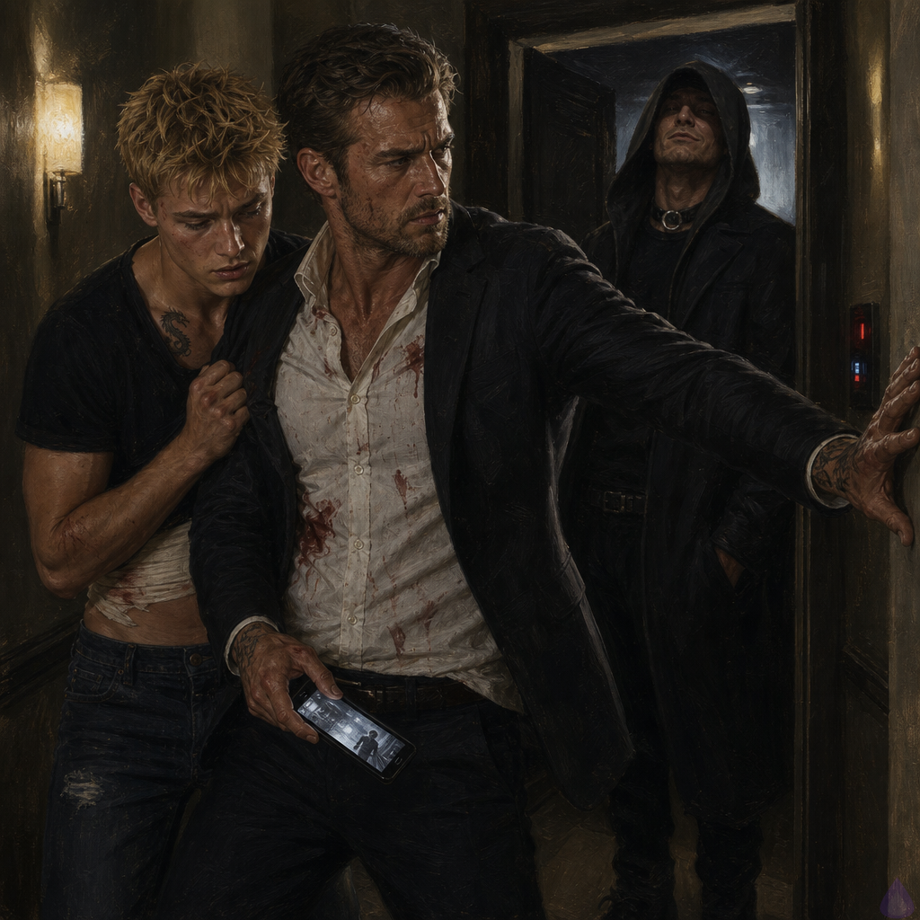 A tense nighttime hallway inside a fortified safe house, with Elias shielding Blake Rhodes in the foreground. Blake is a young adult blonde man with messy spiky hair, fair skin, blue-grey eyes, athletic build, a small dragon tattoo at the collarbone, and a bandaged side, wearing a clean shirt and sweatpants. He looks shocked and shaken, gripping Elias's shirt. Elias is older, tense, protective, and standing between Blake and a hooded mercenary intruder in the doorway. The mercenary is tall, broad-shouldered, wearing a dark hood and throat ring, half-lit by cold corridor light, holding out a phone on the floor that displays evidence. The mood is claustrophobic, suspenseful, and emotionally devastating, with dim amber interior lighting mixed with harsh white security light, deep shadows, and a sense of imminent danger. Show the hallway door ajar, a fortified interior with security panels, and Blake and Elias in a close protective stance, the confrontation frozen at the moment of revelation.