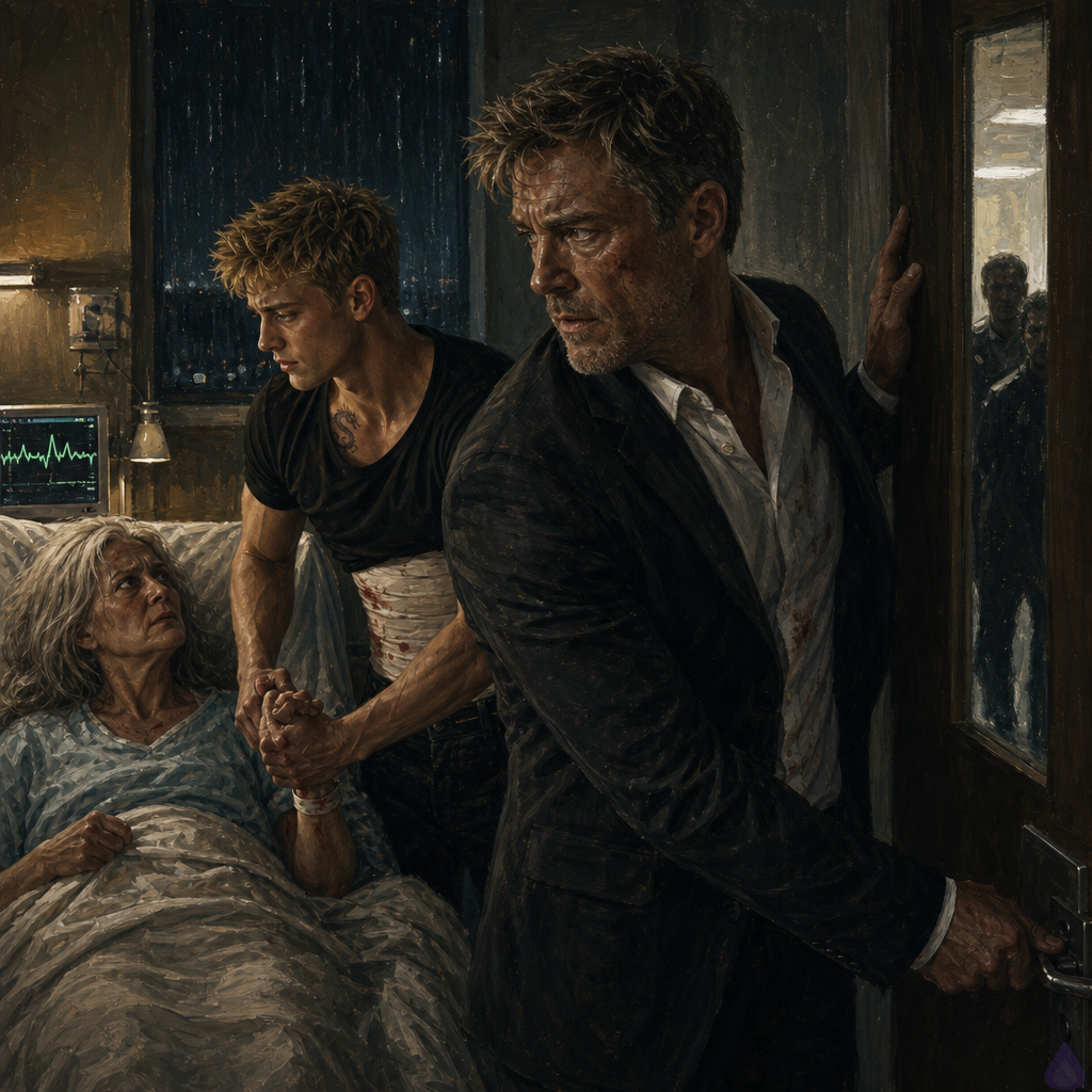 A tense hospital room at night with rain-streaked windows and harsh fluorescent lighting softened by dim bedside lamps. Blake Rhodes, a young adult blond man with messy spiky hair, blue-grey eyes, fair skin, an athletic build, and a bandaged side, stands beside a hospital bed gripping the hand of Aunt Celeste, an older woman with silver hair and a frail but determined expression, just as she wakes from a coma. Elias, an older tense man with an injured cheek, stands protectively near the door in the foreground, alert and ready to block intruders. Medical monitors glow green and blue, showing a rising heart rate. The mood is urgent, intimate, and suspenseful, with wet city reflections visible through the window and a sense of imminent danger in the hallway outside.