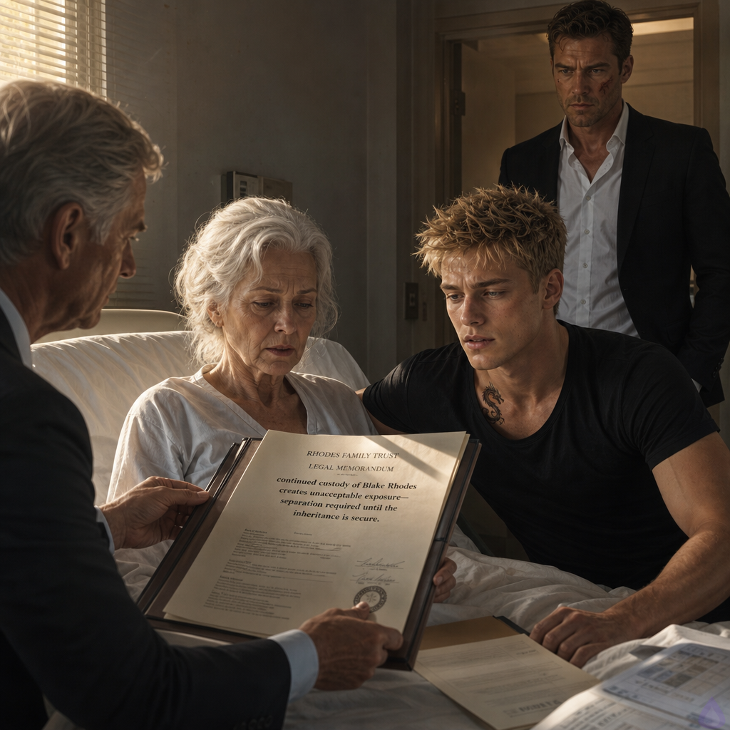 A tense wealthy hospital room turned legal battleground, with Blake Rhodes seated beside an awake Celeste Rhodes holding a folder of sealed legal documents, Elias standing protectively near the doorway, and an older lawyer presenting proof. Blake is a young adult blonde man with short messy spiky hair, blue-grey eyes, fair skin, athletic build, and a visible small dragon tattoo at his collarbone under a slightly rumpled shirt. Celeste has silver hair and a frail but determined expression. Elias is older with an injured cheek, alert and protective. The mood is dramatic and emotionally heavy, with warm sunlight through blinds mixing with cold institutional light, papers spread on a bed and chair, legal documents visible, faces shocked and strained, no overt violence, cinematic realism, intimate emotional tension.