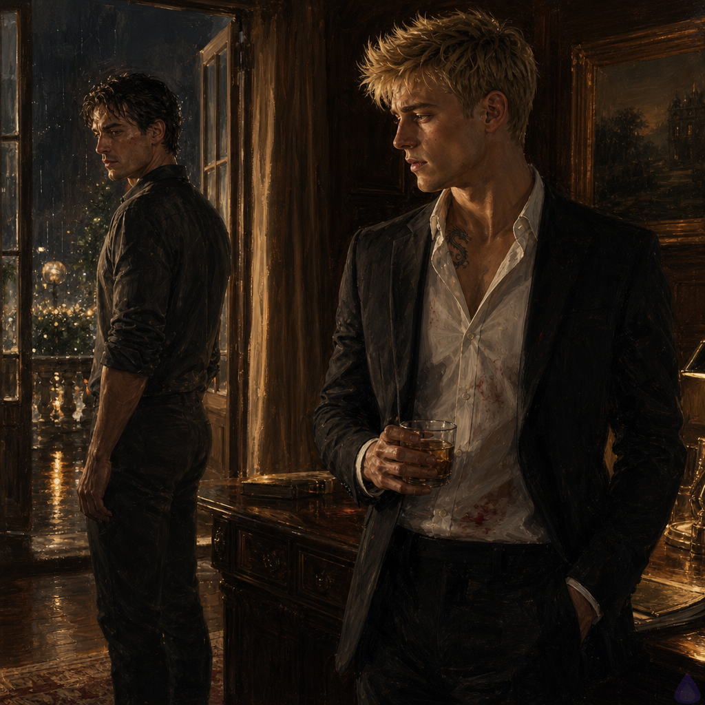 A mature romantic dramatic scene inside a quiet grand Rhodes house study at night, warm window light spilling over dark wood furniture and open french windows to a garden after rain, Blake Rhodes standing near a desk holding a glass, tense but composed, blonde messy hair and blue-grey eyes, fair skin, athletic build, subtle dragon tattoo at collarbone visible above an open shirt collar, looking hurt but controlled. Elias stands a few feet away near the open window, older, injured cheek scar faintly visible, wet dark hair, calm but pained expression, hands loose at his sides, the emotional tension of an intimate breakup hanging between them. Mood is sorrowful, restrained, intimate, elegant, cinematic lighting, no nudity, no kissing, heavy emotional atmosphere.