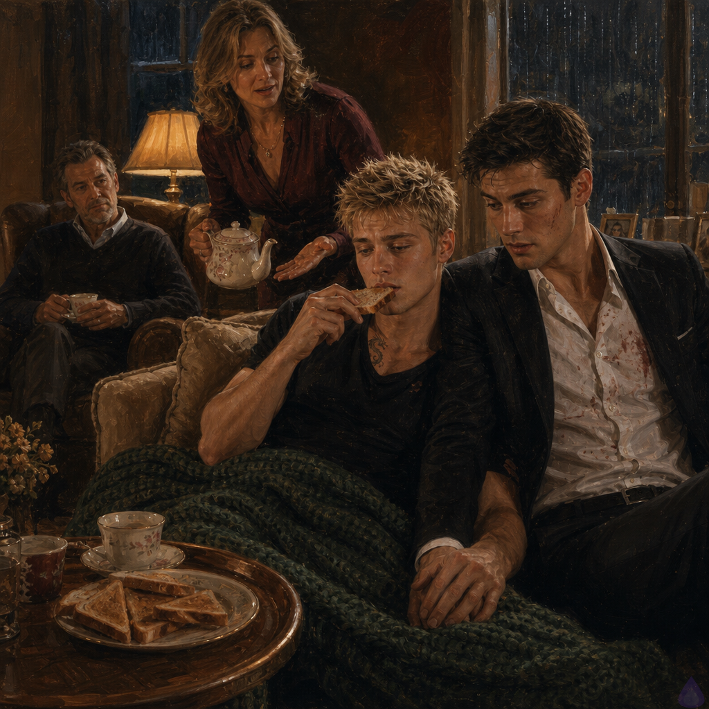 A warm living room in Elias’s parents’ house during a rainy evening, with Blake Rhodes sitting on a sofa under a blanket, looking exhausted but safer than before. Blake has blonde messy hair, fair skin, blue-grey eyes, and a black suit slightly loosened from stress. Elias sits close beside him, protective and calm, in a dark suit. Elias’s mother stands nearby with a teapot and a firm, caring expression, while Elias’s father sits in an armchair with quiet approval. The mood is intimate, protective, and relieved, with soft lamplight, muted rain at the windows, tea cups on a side table, and a plate of toast on a tray. The body language shows Blake being insisted to rest, the family now warm and protective, and Elias’s hand lightly steadying Blake’s knuckles. Cinematic realism, emotional tension easing into safety, no nudity.