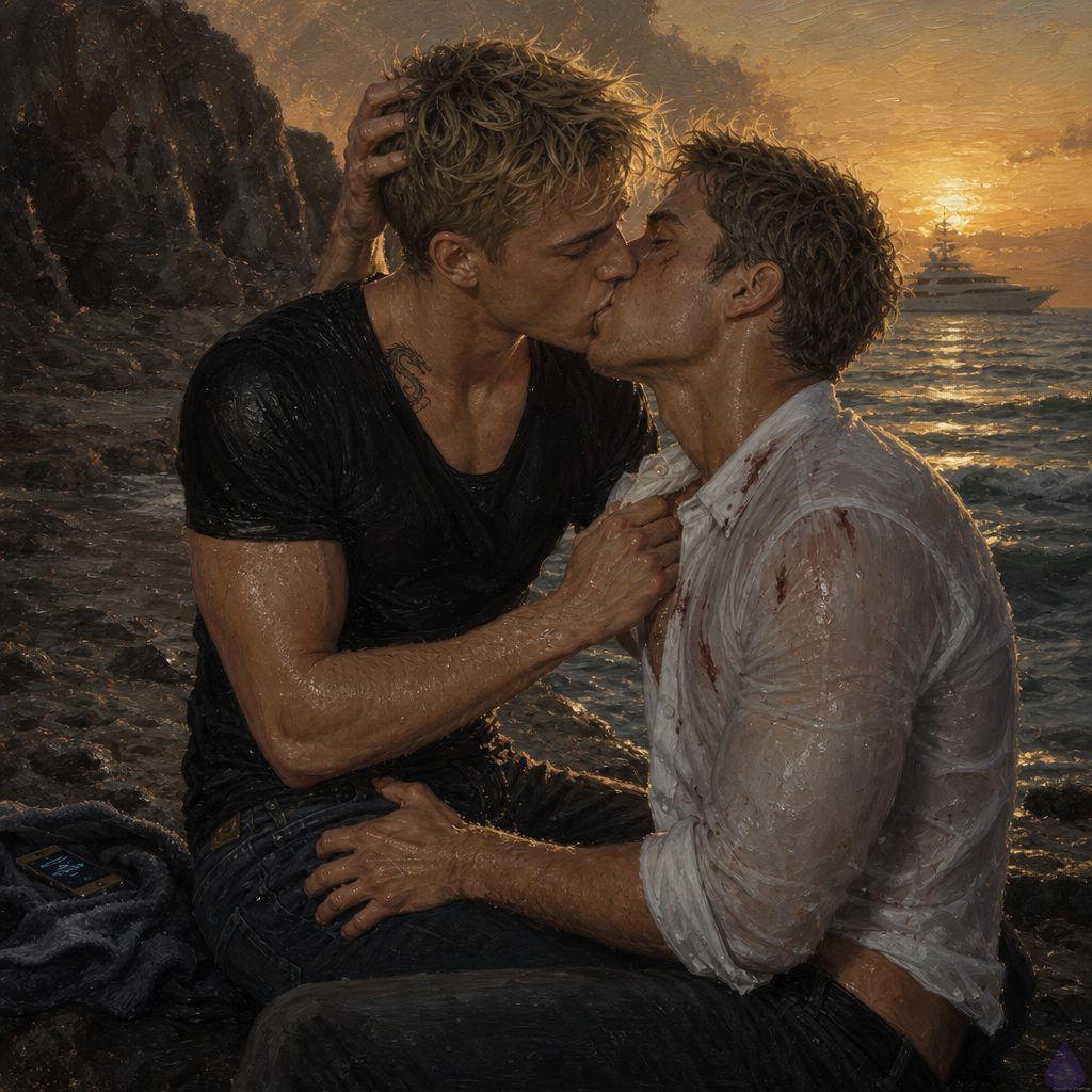 Blake Rhodes and Elias on a secluded rocky beach at sunset, kissing intensely while seated on warm stone near the surf. Blake has blonde messy hair, fair skin, wet casual clothes clinging from the swim, and is leaning into Elias with one hand in Elias’s hair and the other on his chest. Elias, older with an injured cheek and wet clothes, holds Blake at the waist and kisses him back with focused desire and tenderness. Saltwater glistens on their skin, the ocean and yacht are visible in the background, and a muted phone under a towel buzzes nearby. The mood is intimate, emotional, and high tension, with golden evening light, wind-tossed hair, and a sense of danger lingering beyond the romance.
