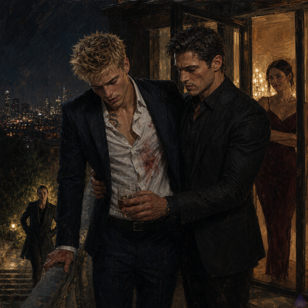 A tense luxury fundraiser terrace at night with city lights below, Blake Rhodes in an elegant suit looking pale and unsteady after being drugged, one hand on a stone railing, Elias standing close and protective with a dark suit and sharp worried expression, Mara just inside the glass doors with a cold, suspicious look, and Verity Vale arriving from the dark garden path below the terrace stairs in a tailored coat, cool and unimpressed. The mood is tense, cinematic, and high-society noir, with warm indoor light spilling out behind them, cool night air outside, polished stone, glass doors, and subtle signs of betrayal and confrontation.