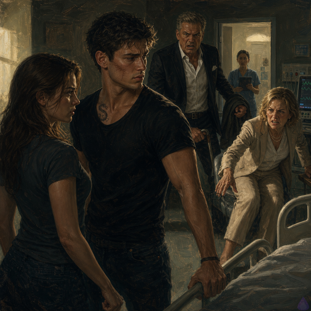 A tense hospital room at night, with Elias standing protectively beside the bed, Blake Rhodes beside him, both sharply dressed but emotionally strained. Elias's parents are visibly angry and preparing to leave in frustration: his mother pushing back from the hospital bed with a furious expression, his father rising with a cane and jacket in hand, both older and disapproving. The lighting is cold and clinical from overhead hospital lamps, with pale walls, medical equipment, and a monitor glowing softly in the background. Blake looks exhausted but resolute, Elias calm yet tense, hand subtly reaching for Blake's. The mood is high tension, family conflict, emotional confrontation, intimate but non-sexual, cinematic realism.