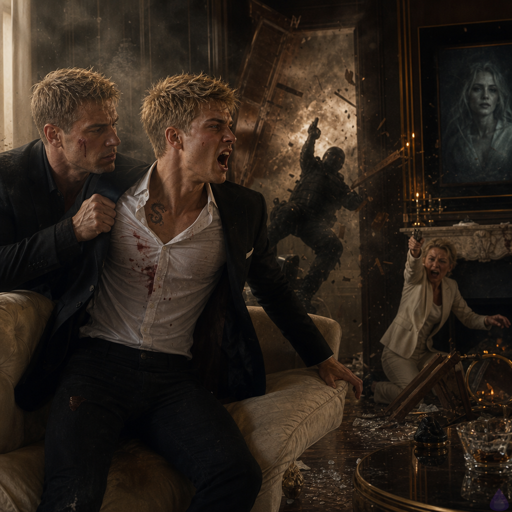 High-tension hostage scene in a luxurious hidden hideout turning into a firefight. Blake Rhodes, a young adult blond man with short messy spiky hair, blue-grey eyes, fair skin, athletic build, and a small dragon tattoo at his collarbone, stands shaking in an elegant sitting room with a cream-suited older woman and Elias, an older tense man with an injured cheek. Blake looks furious and betrayed, mid-confrontation, one hand clenched, while Elias steps protectively at his side. The room is ornate with ivory furniture, a marble fireplace, polished glass tables, and shattered decor as the door bursts open and armed men enter through smoke and dust. Dramatic low light, stormy atmosphere, motion blur from gunfight, intense emotional expressions, cinematic realism.