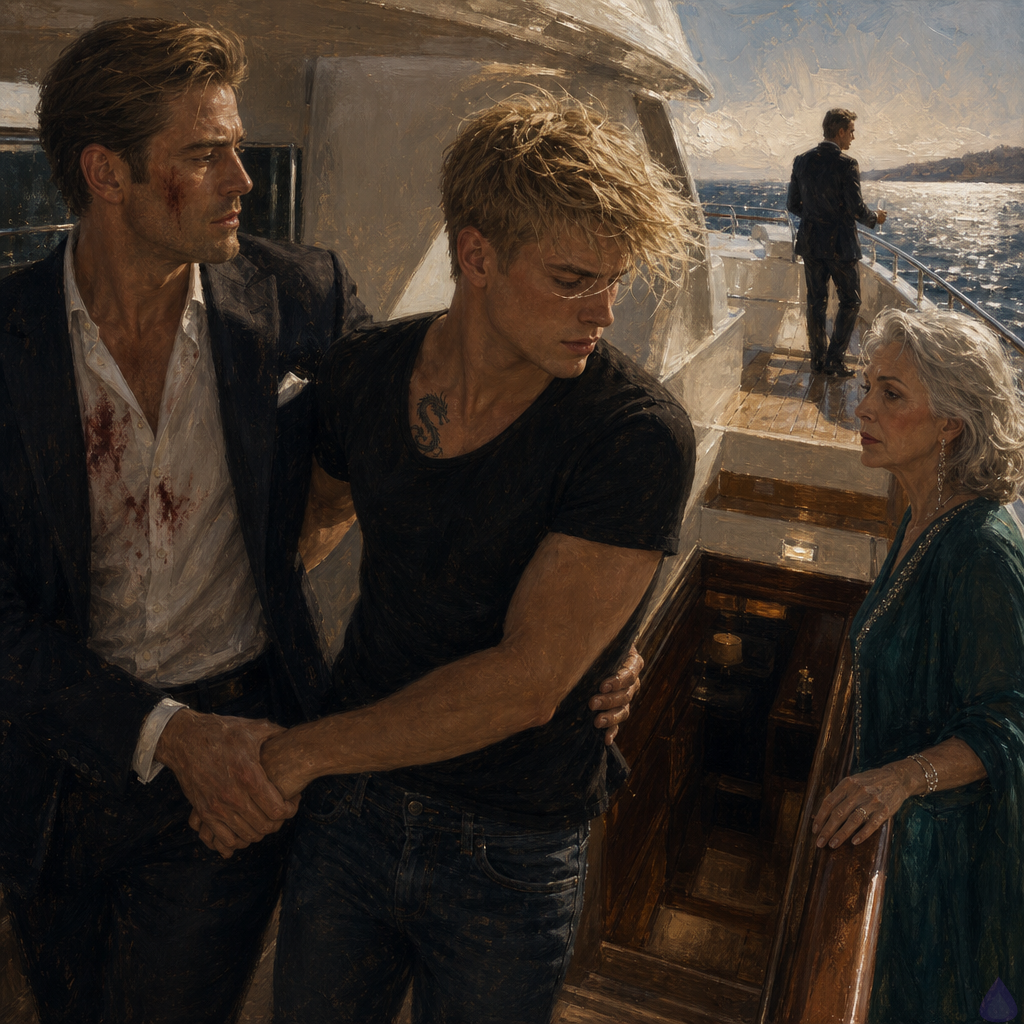 A luxurious white yacht on a bright blue ocean in daylight, with Blake Rhodes standing on the deck in a tailored suit, tense and shaken, while Elias steps protectively beside him and gently takes his wrist to lead him away from an overly close flirty man who is backing off. Celeste stands a little apart watching with concern. The scene should feel tense but elegant, with sun glare on the water, wind in Blake’s blond messy hair, and the polished yacht interior visible behind them. Show Blake’s emotional conflict clearly in body language, Elias’s protective stance, and a sense of private rescue amid a glamorous setting.