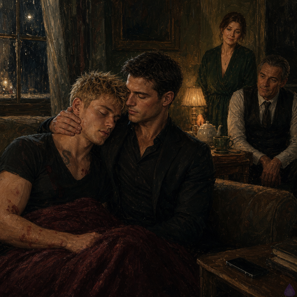 A tense but tender living room at night in a quiet suburban house, warm lamplight and rain-dark windows. Blake Rhodes, a young adult blonde man with short messy spiky hair, blue-grey eyes, fair skin, athletic build, and a black suit slightly rumpled from stress, is leaning into Elias on a sofa under a blanket. Elias, a dark-haired man with a scarred cheek and a dark suit, sits close with one arm steady around Blake's back and the other hand at Blake's shoulder, protective and calm. Elias's parents stand and sit nearby in the room, watching with protective warmth rather than judgment. A teapot, cups, and a small plate of toast sit on a side table. The mood is intimate, relieved, and emotionally vulnerable, with subtle romantic closeness and family acceptance, realistic faces and body language, soft shadows, cinematic composition.