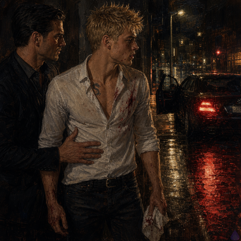 Cinematic urban night scene in a narrow wet alley opening onto a city curb under sodium streetlights. Blake Rhodes, a young adult blond man with messy spiky hair, blue-grey eyes, fair skin, and an athletic lean build, stands bloodied and shaken in a rumpled designer shirt and jeans, one hand clutching a handkerchief. Elias, an older driver with steady hands and a guarded, protective expression, stands close beside him, partly shielding him with his body. Across the street, a black sedan with tinted windows idles ominously, its rear door slightly open, a hooded figure barely visible inside the dark car. Mood is tense, intimate, and dangerous, with rain-slick pavement reflecting red brake lights and streetlamps. Body language shows fragile trust, fear, and protective closeness. High realism, moody contrast, dramatic shadows, emotional urban thriller atmosphere.