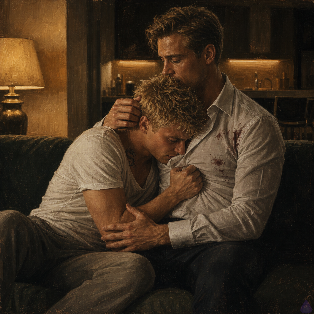 A dim, warm apartment living room at night, with the blinds shut and soft amber lamp light creating a private, intimate atmosphere. Blake Rhodes, a young adult blond man with messy short spiky hair, blue-grey eyes, fair skin, athletic build, and a small dragon tattoo visible near his collarbone, is injured and wearing a clean borrowed shirt and sweatpants, curled into Elias's arms on a couch. Elias is an older man with steady hands and a protective posture, holding Blake gently and carefully, one hand spread across Blake's back and the other at his neck. Blake looks exhausted, tearful, and vulnerable, his face pressed into Elias's shoulder. The mood is tender, tense, and emotionally charged, with quiet grief and growing trust. The apartment feels lived-in and safe, with a coffee table, a kitchen beyond, and the phone turned away out of sight. Cinematic lighting, realistic detail, close body language, emotional intimacy, no nudity.