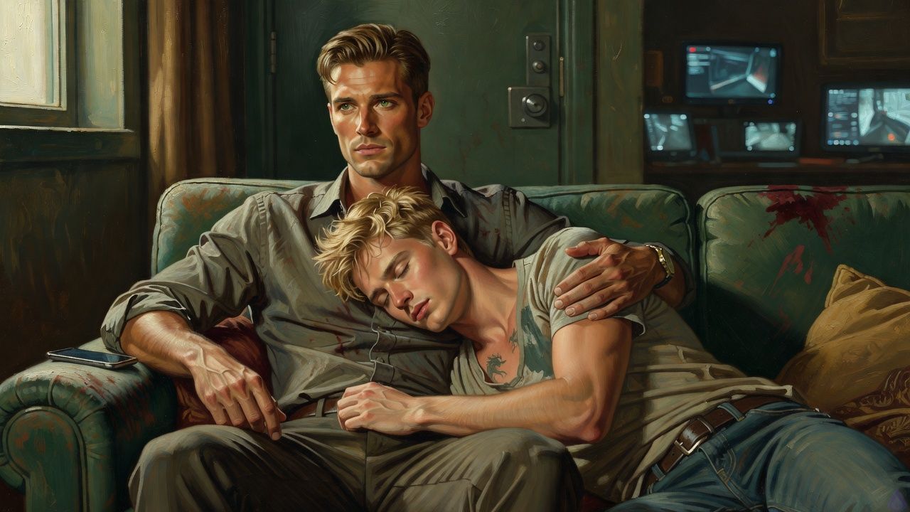 A tense, cinematic safe house interior at night, modern secure compound with thick walls, no windows in the inner room, soft warm overhead lighting, surveillance monitors faintly visible in the background. Blake Rhodes, a young adult blond man with short messy spiky hair, blue-grey eyes, fair skin, athletic build, wearing borrowed clothes and still bandaged at the side, is asleep slumped against Elias on a couch. Elias, an older driver with steady hands and a protective posture, sits rigid and alert with one arm around Blake, his expression tense as a phone rings offscreen and he reacts. The mood is protective, intimate, exhausted, and suspenseful. Emphasize body language, the locked safe environment, layered security, and the contrast between Blake’s collapse into sleep and Elias’s sudden alertness.