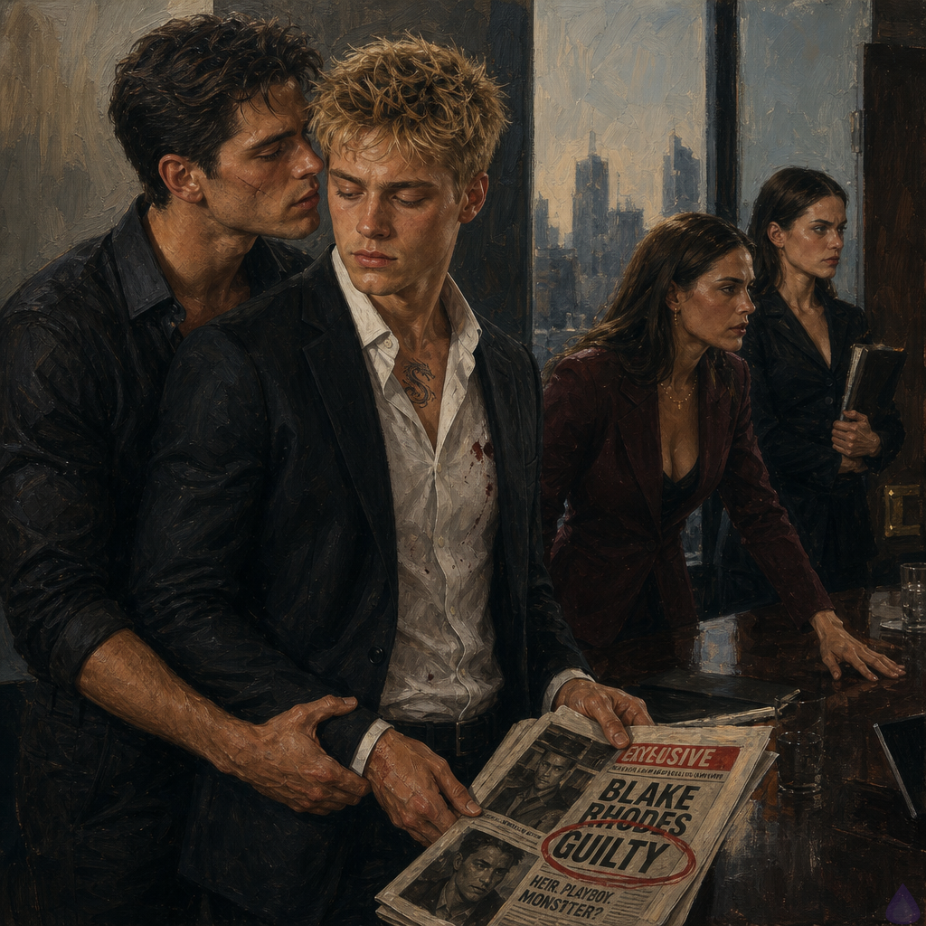 Moody contemporary office conference room in late morning gray light, Blake Rhodes standing at the head of a polished table holding a glossy tabloid newspaper with a shocked, controlled expression, blonde messy hair and blue-grey eyes, wearing a rumpled designer shirt and tailored trousers, Elias beside him with a scarred cheek and dark hair, one hand steadying Blake’s wrist and the other at his back, Celeste composed but angry in the background, Verity tense and focused with folders in hand, city windows behind them, tense romantic protective atmosphere, realism, cinematic lighting, emotional fallout, no nudity