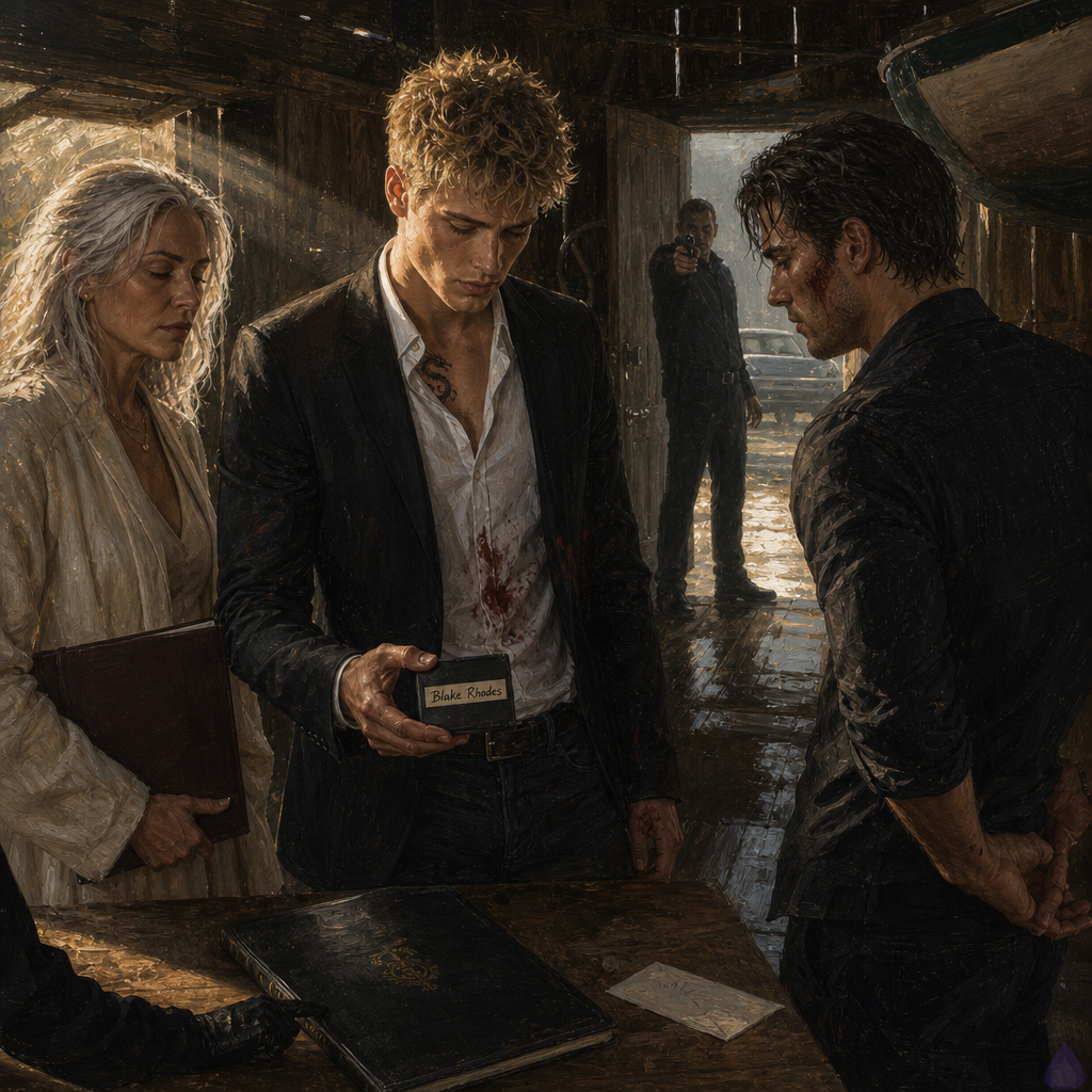 Cinematic suspense scene inside a weather-beaten boathouse on a private pier by dark green water, morning light filtering through cracks. Blake Rhodes, a young adult blonde man with messy short spiky hair, blue-grey eyes, fair skin, athletic build, and a small dragon tattoo on his collarbone, stands tense in designer-casual clothes with Elias close behind him protectively, one hand at Blake's back. Celeste Rhodes, silver hair and cream robe, stands firm with a legal folder. Verity Vale, tall and composed in a dark coat and pale gloves, emerges from shadow near a table holding a white envelope, a slim hard drive, and a black leather ledger. The door behind them has just been thrown open and armed men are entering, one with a gun raised. Strong tension, cold muted colors, dramatic shadows, wind, urgency, faces alert and conflicted, realistic modern thriller atmosphere.
