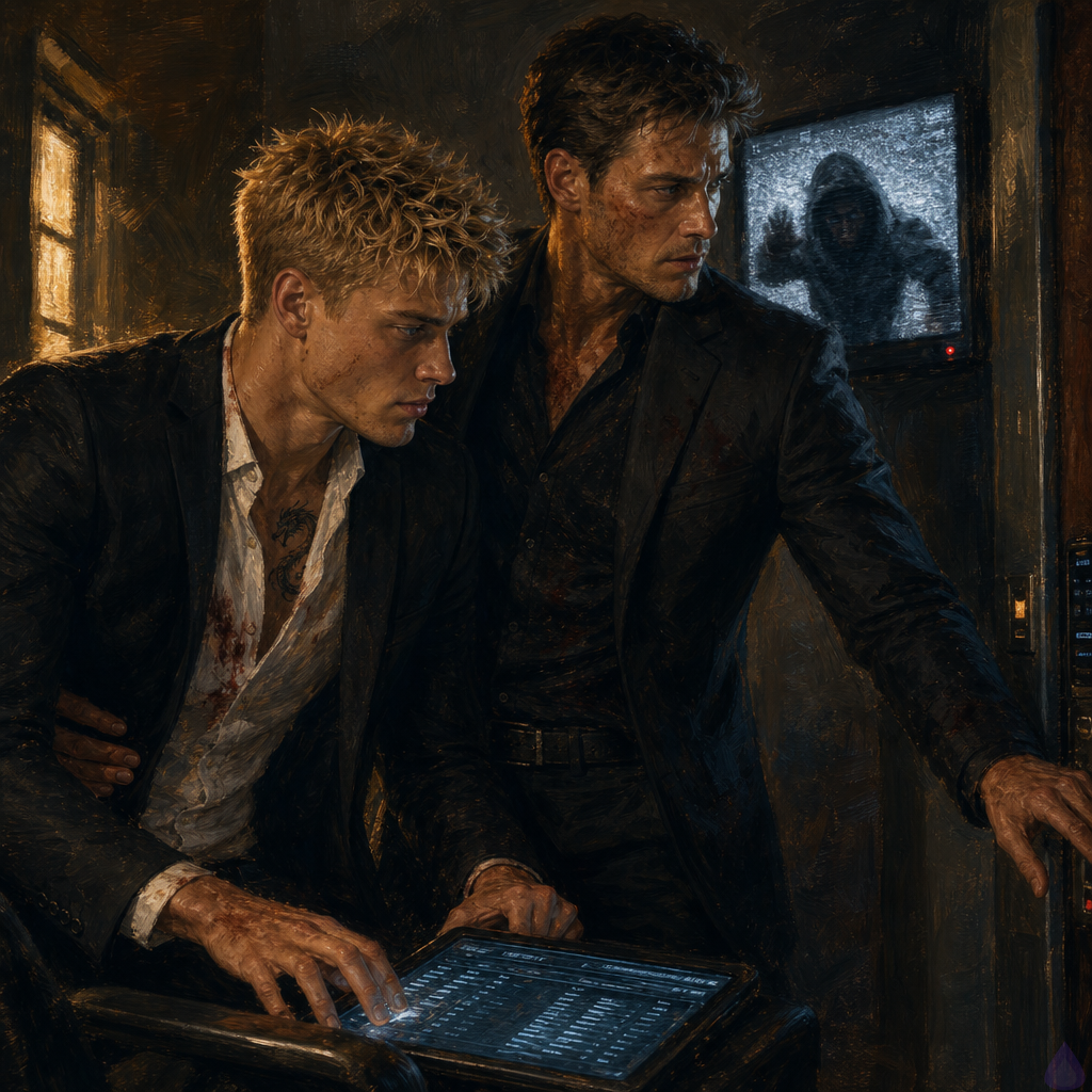 A tense modern safe house interior at night, dim amber lighting mixed with cold blue monitor glow, showing Blake Rhodes with blonde messy hair and a bandaged side leaning over a tablet beside Elias, an older focused man in dark casual clothing, both tense and alert. Blake has a shaken but sharp expression, one hand bracing on the tablet while Elias stands protectively close, one hand at Blake’s lower back. In the background, security monitors display a grainy hallway camera and a blurred static-filled service corridor feed. The room feels fortified and intimate, with locked doors, thick curtains, tactical calm, and the sense of an imminent breach. Cinematic composition, realistic detail, moody shadows, high tension, emotional proximity, no nudity.
